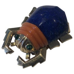 Vintage 1950s Cartier London Lapis Lazuli Coral and Emerald Beetle Brooch