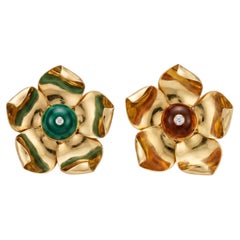 1950s Cartier Malachite and Citrine Flower Brooches