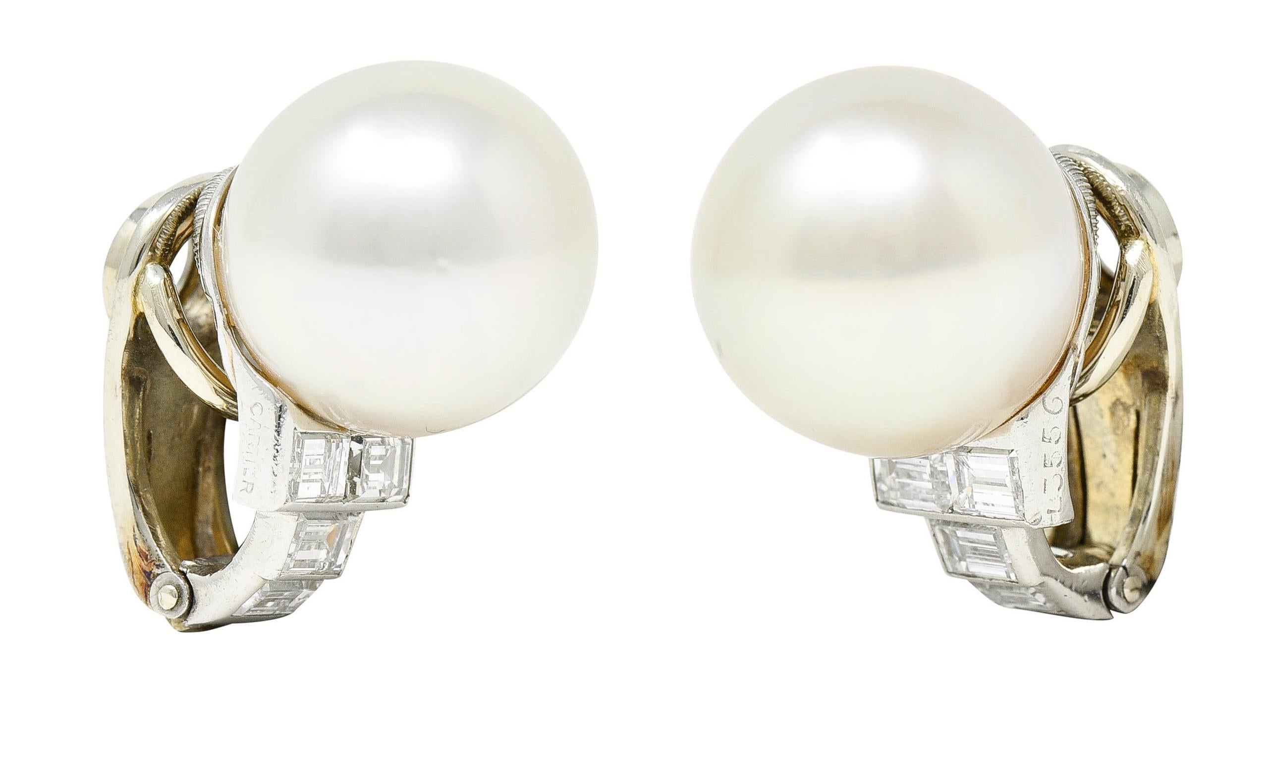 1950's Cartier Pearl Diamond Platinum Ear-Clip Earrings 1