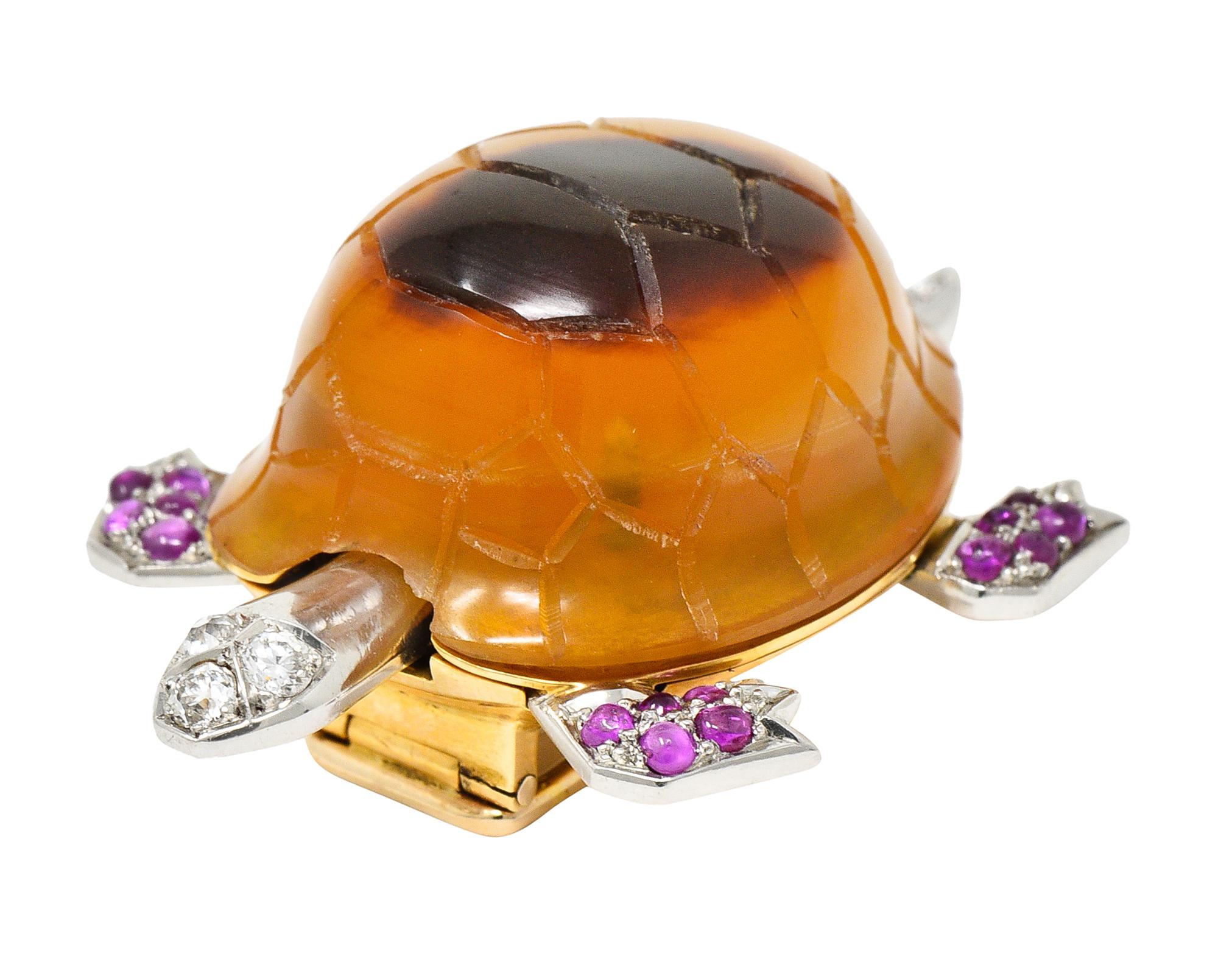 1950's Cartier Ruby Diamond Platinum 18 Karat Gold Turtle Brooch For Sale 4