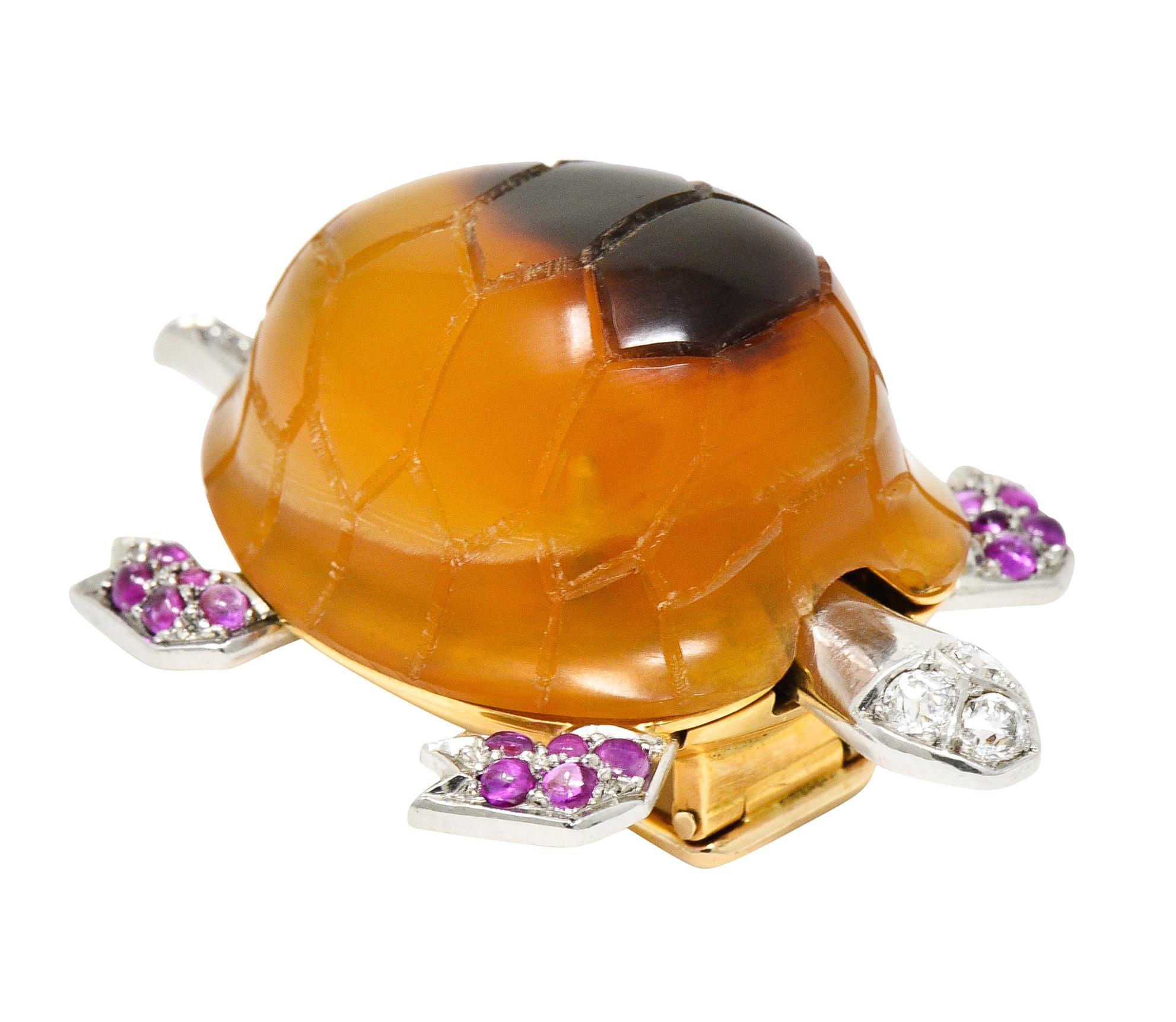 1950er Jahre Cartier Schildkrötenbrosche, Rubin Diamant Platin 18 Karat Gold im Angebot 7