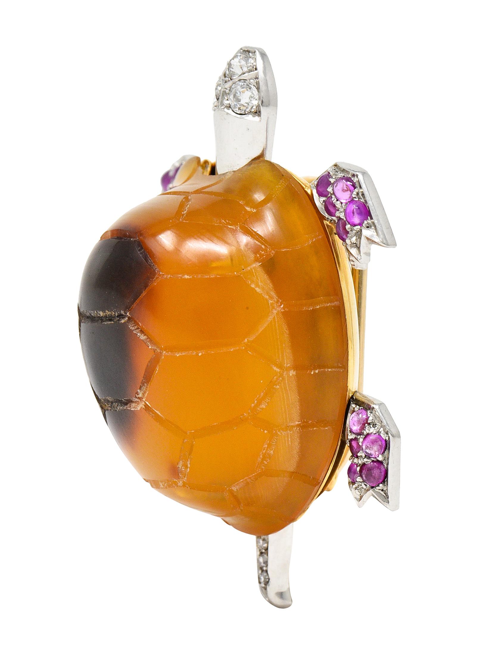 Cabochon 1950's Cartier Ruby Diamond Platinum 18 Karat Gold Turtle Brooch For Sale