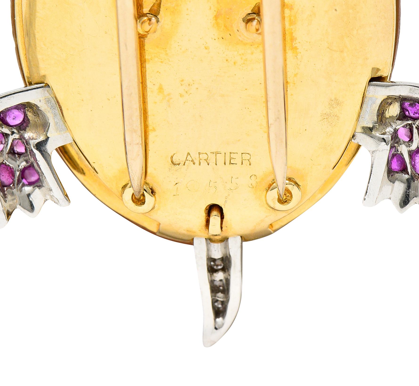 Cabochon 1950's Cartier Ruby Diamond Platinum 18 Karat Gold Turtle Brooch For Sale