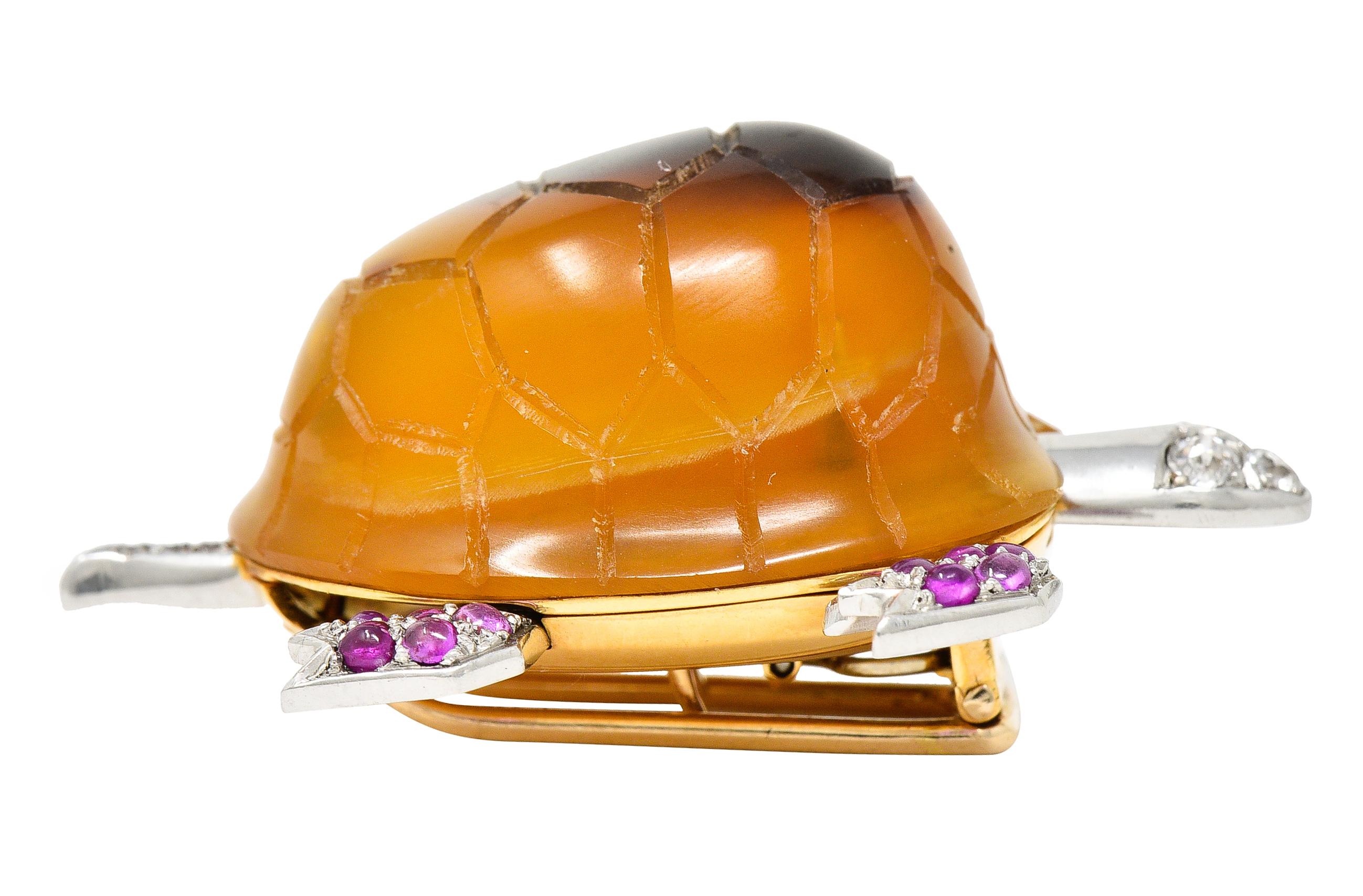 1950's Cartier Ruby Diamond Platinum 18 Karat Gold Turtle Brooch For Sale 1