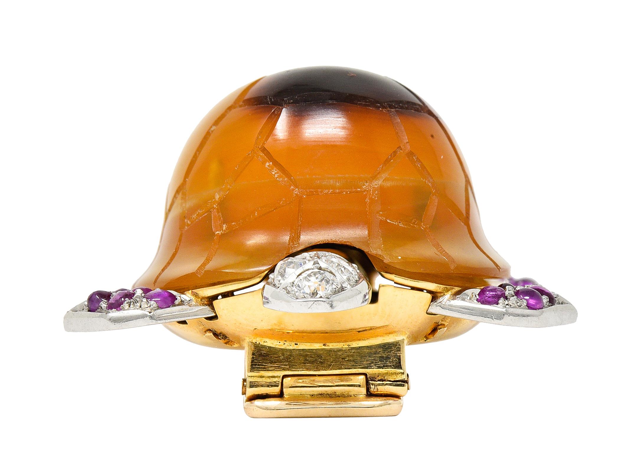 1950's Cartier Ruby Diamond Platinum 18 Karat Gold Turtle Brooch For Sale 3