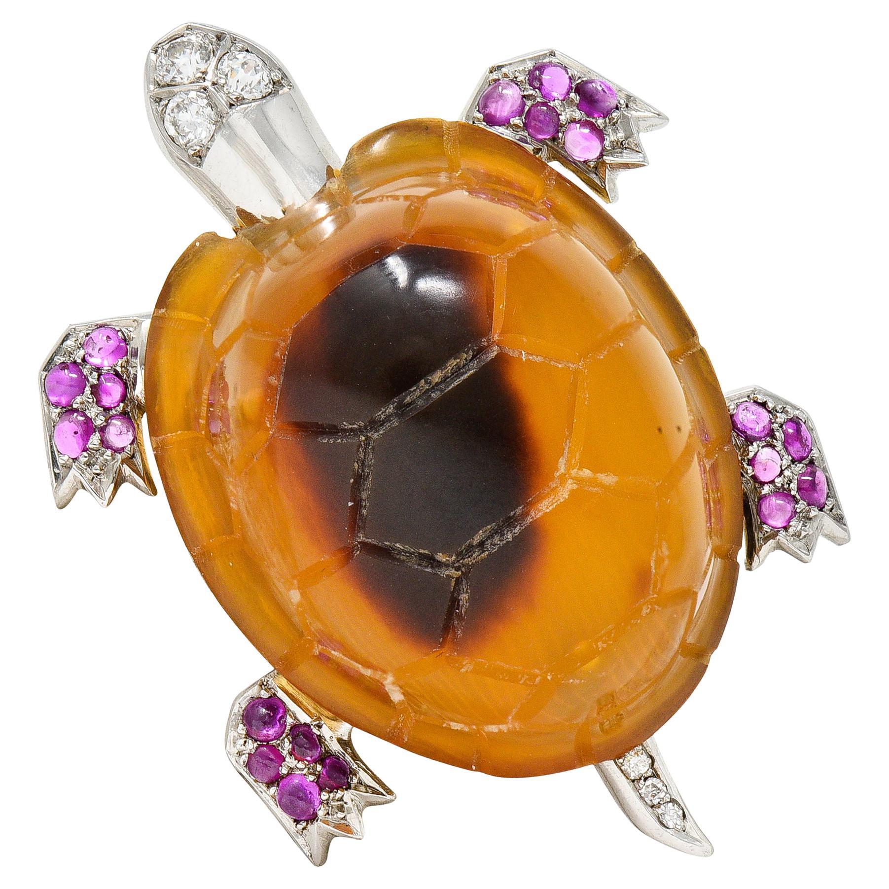 1950's Cartier Ruby Diamond Platinum 18 Karat Gold Turtle Brooch