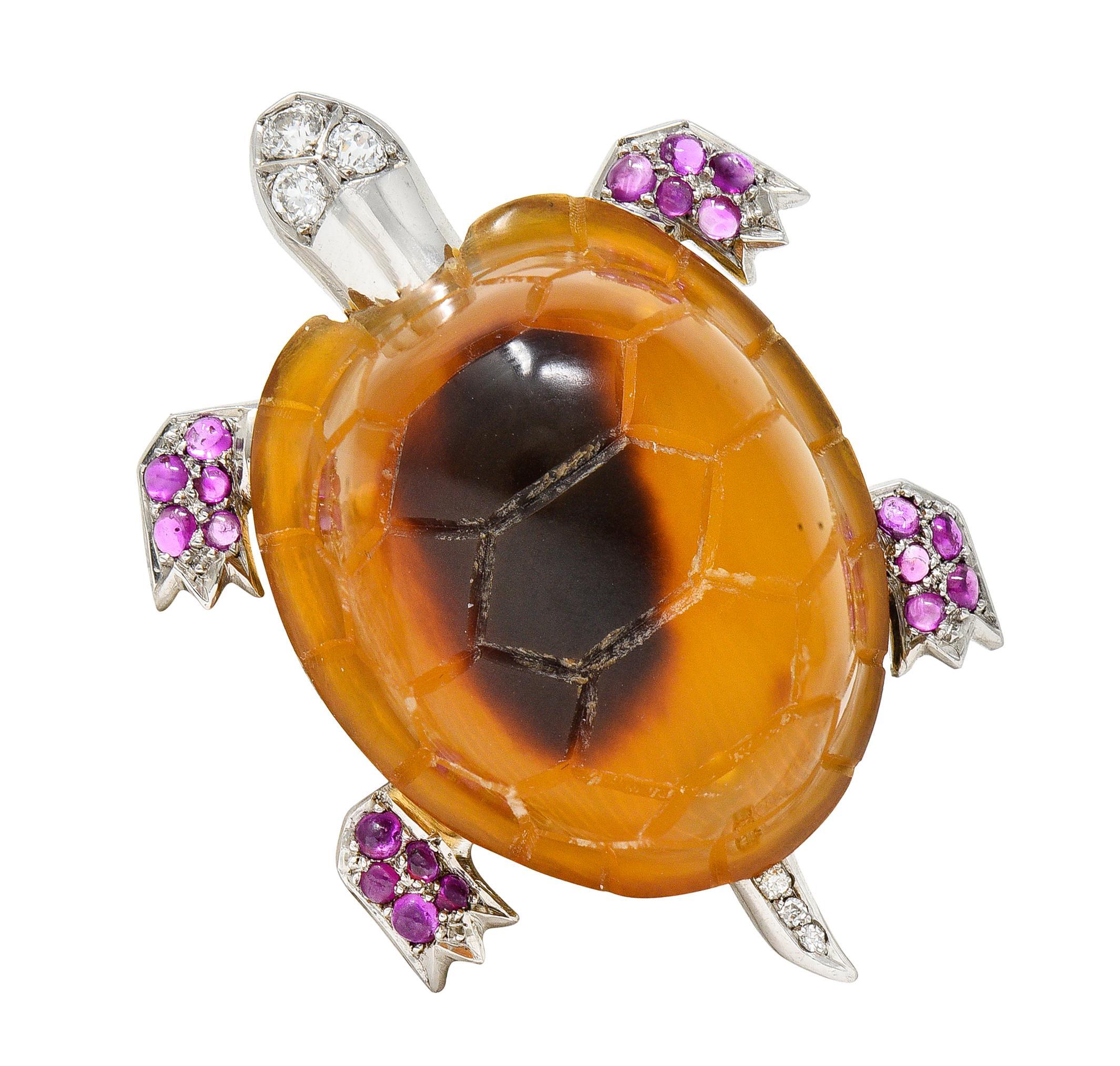 1950's Cartier Ruby Diamond Platinum 18 Karat Yellow Gold Vintage Turtle Brooch