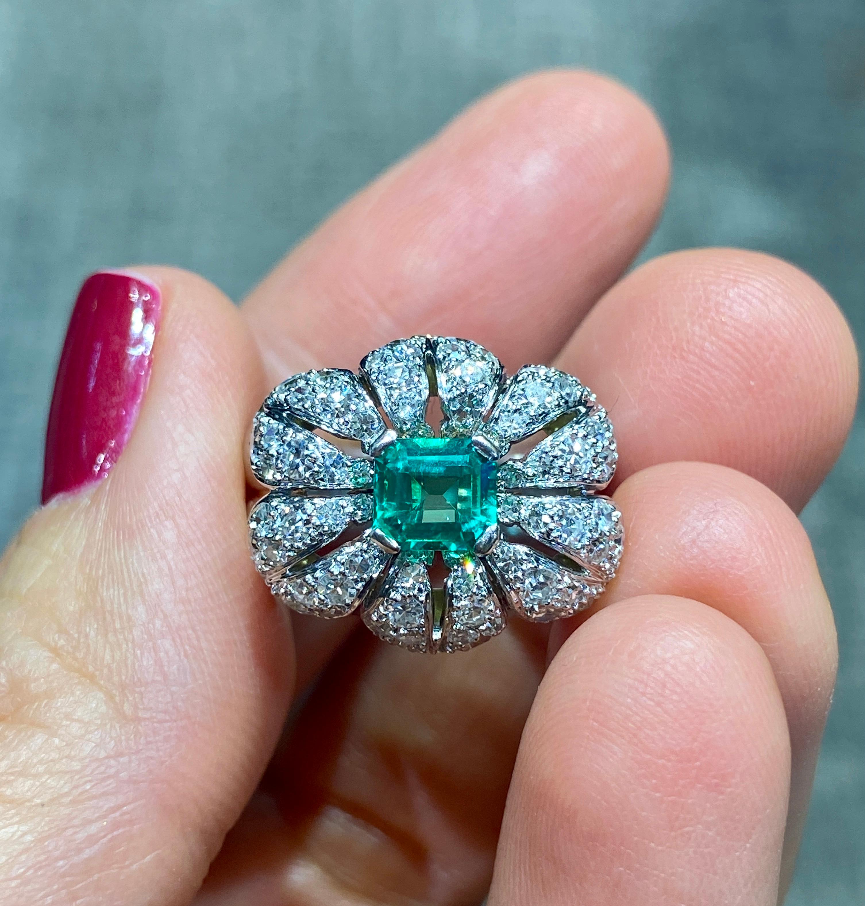 Contemporary 1950s Cartier white gold, diamond and 0.8 carat Colombian emerald ring