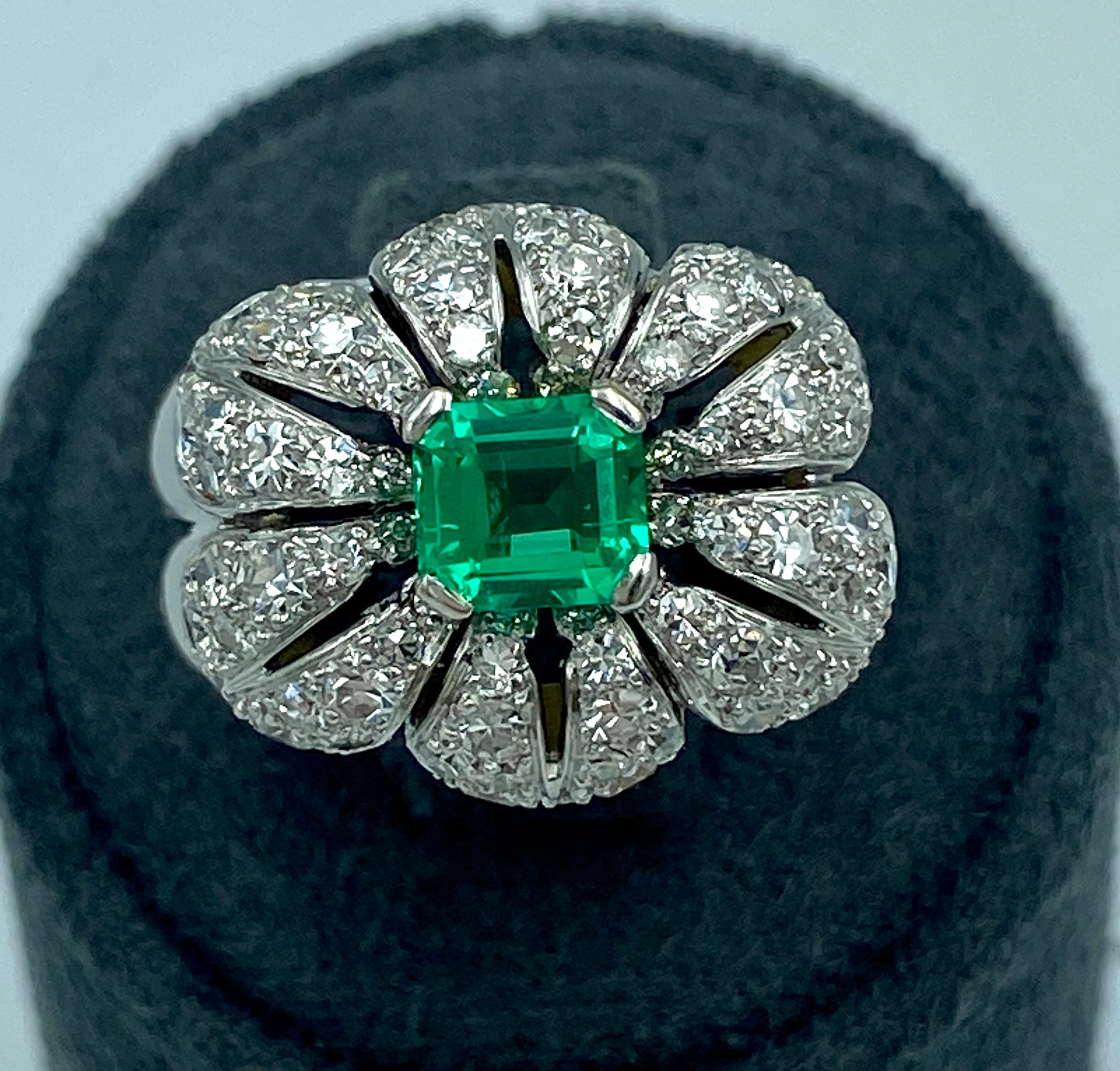 1950s Cartier white gold, diamond and 0.8 carat Colombian emerald ring 1