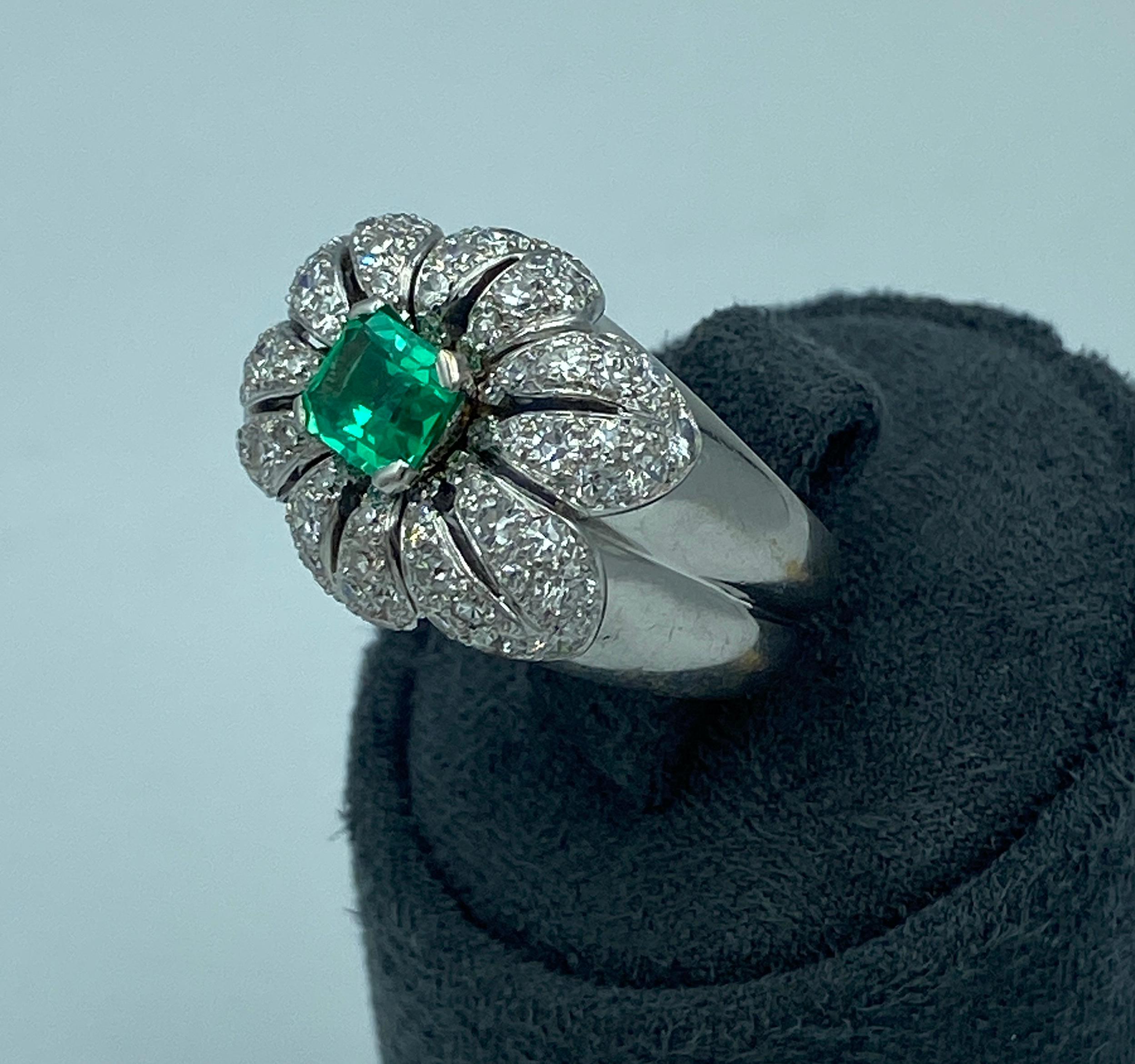 1950s Cartier white gold, diamond and 0.8 carat Colombian emerald ring 2