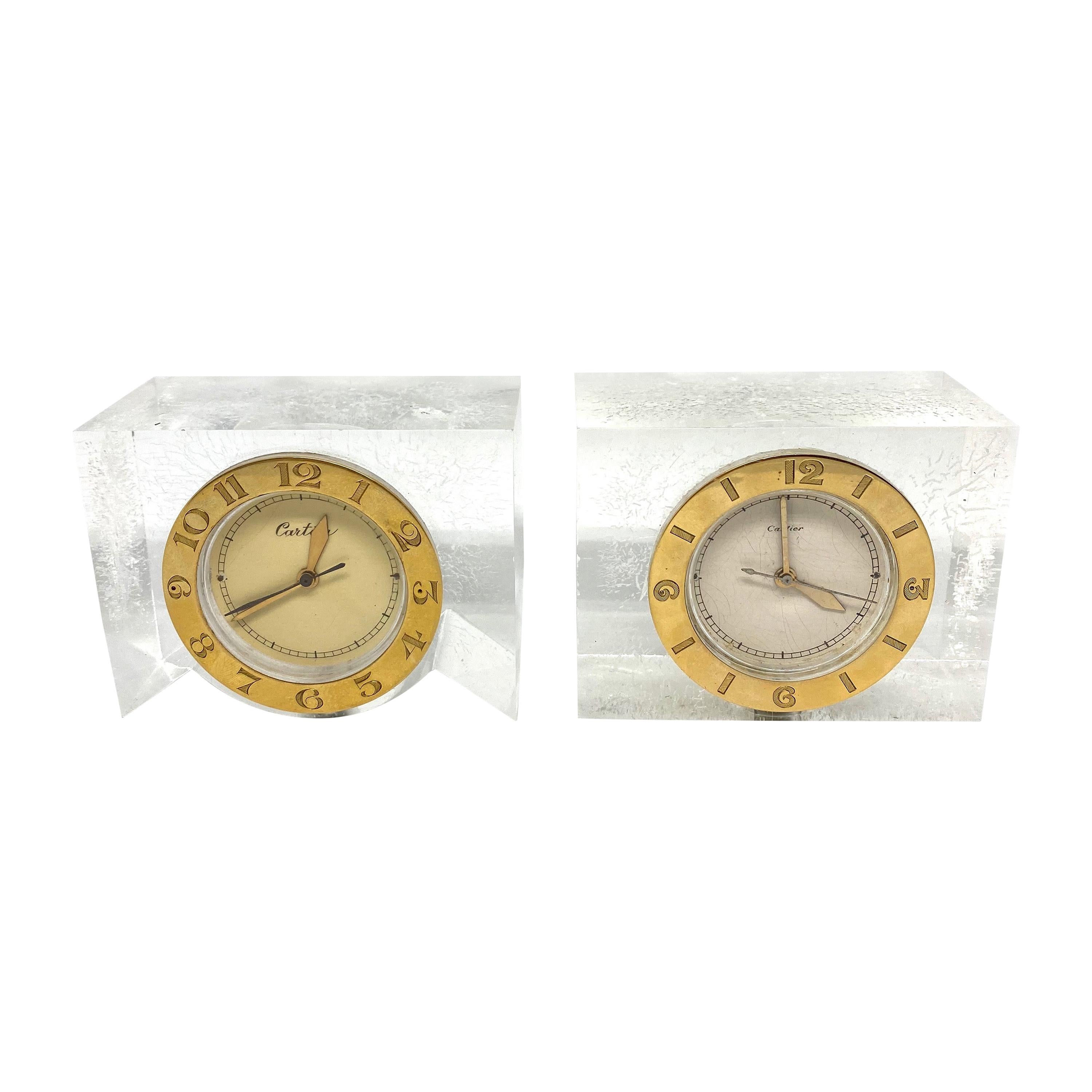 1950s Cartier Yellow Gold and Lucite Pair of Desk Clocks w/ Lecoultre Movement