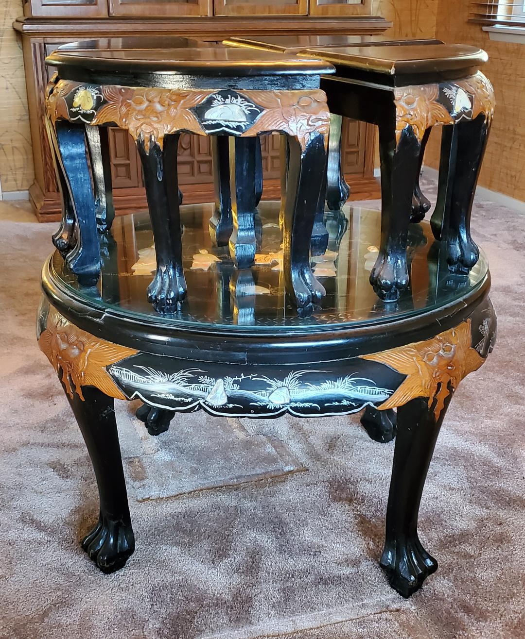 1950s Carved Asian Tea Table With Mother Of Pearl And 4 Matching Wedged Stools 3