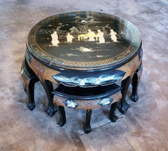 1950s Carved Asian Tea Table With Mother Of Pearl And 4 Matching Wedged Stools