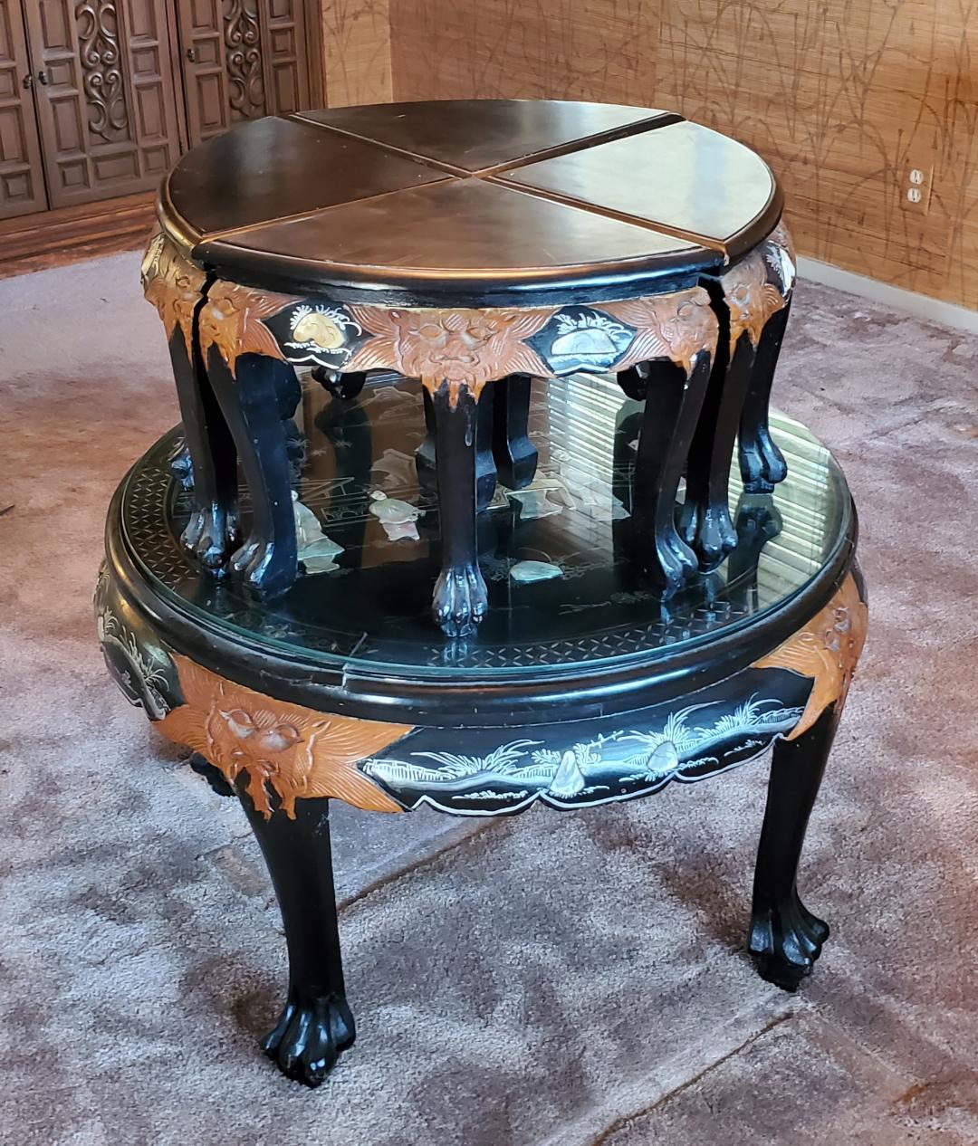 Glass 1950s Carved Asian Tea Table With Mother Of Pearl And 4 Matching Wedged Stools