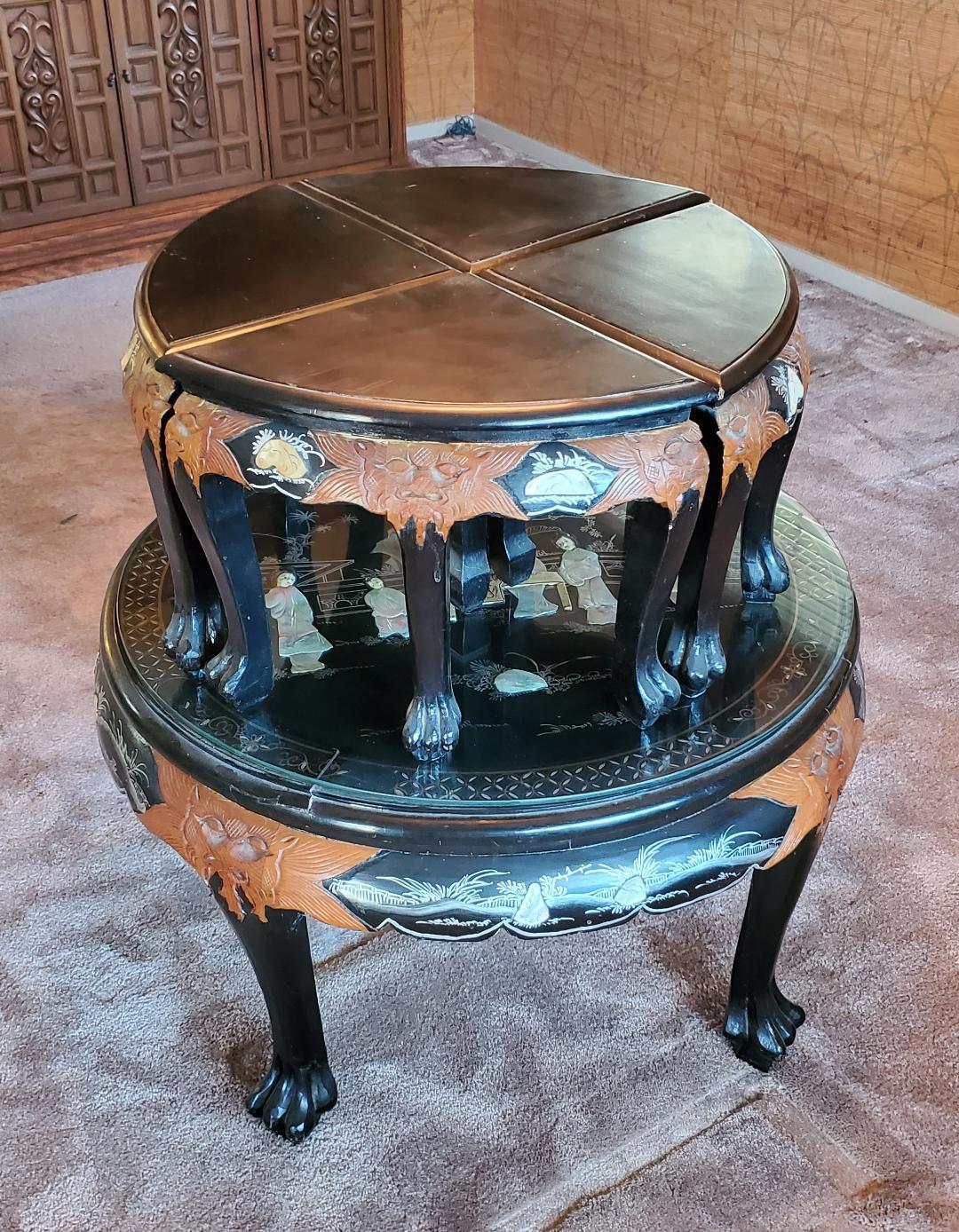 1950s Carved Asian Tea Table With Mother Of Pearl And 4 Matching Wedged Stools 1