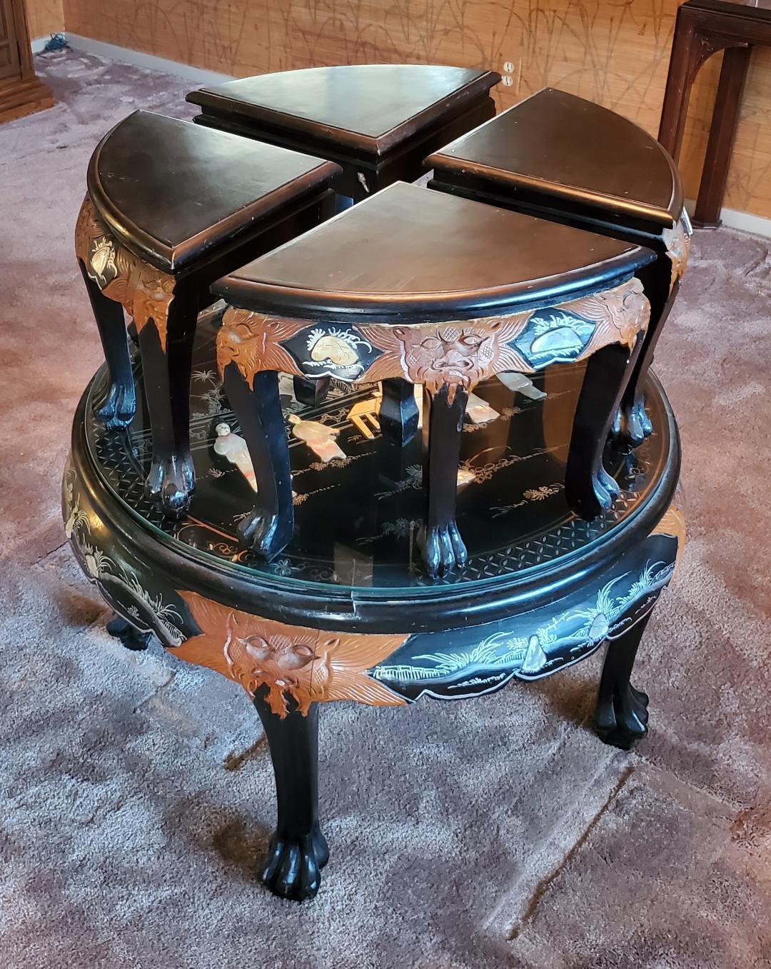 1950s Carved Asian Tea Table With Mother Of Pearl And 4 Matching Wedged Stools 2