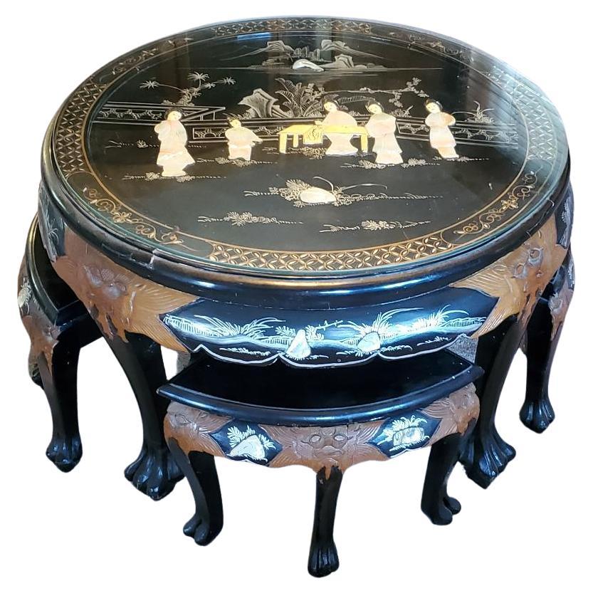 1950s Carved Asian Tea Table With Mother Of Pearl And 4 Matching Wedged Stools