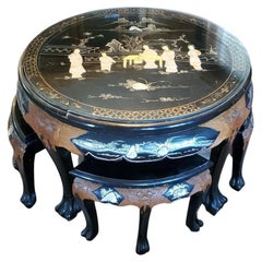 Vintage 1950s Carved Asian Tea Table With Mother Of Pearl And 4 Matching Wedged Stools