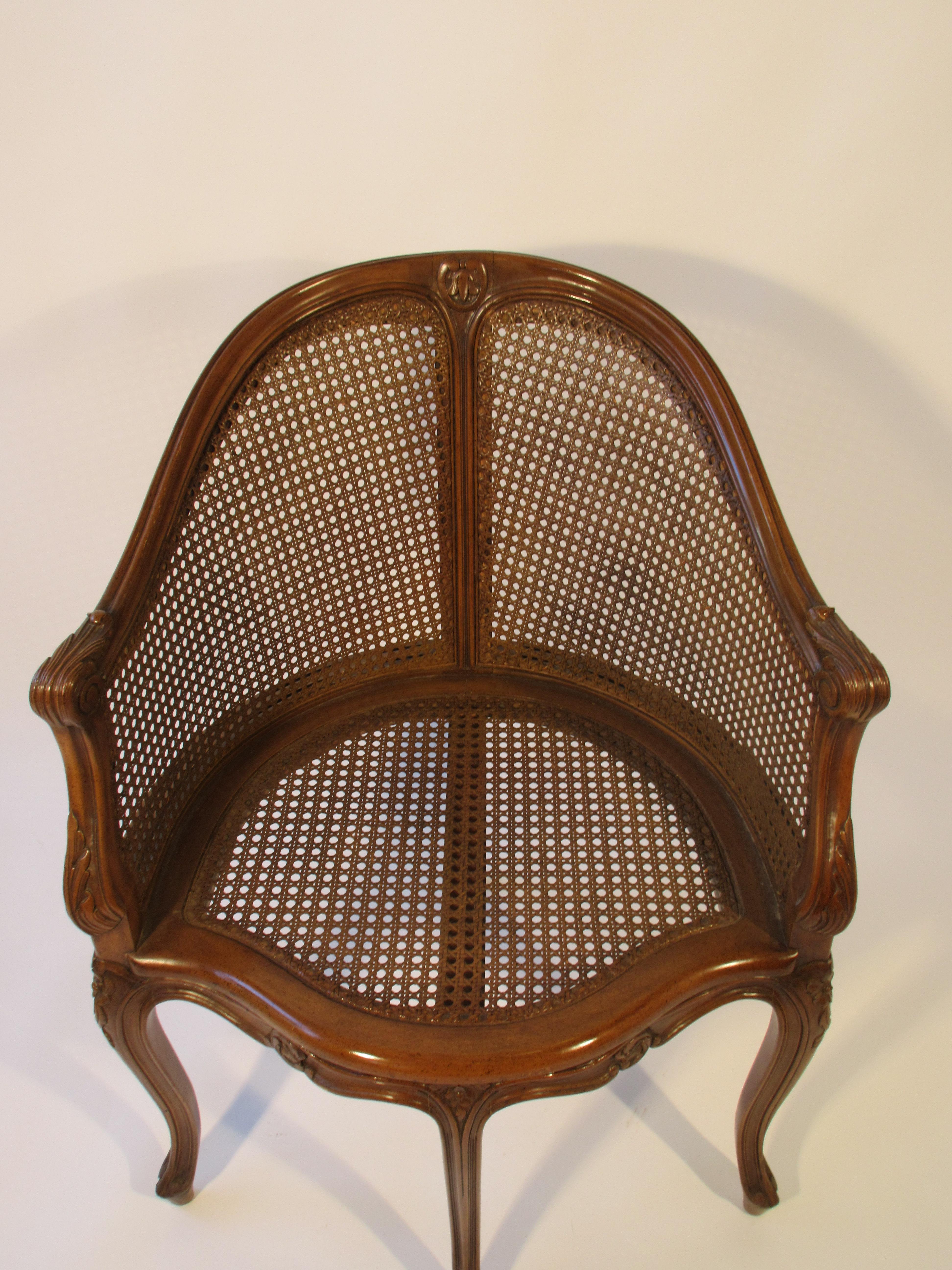 1950s French style carved caned back corner chair.