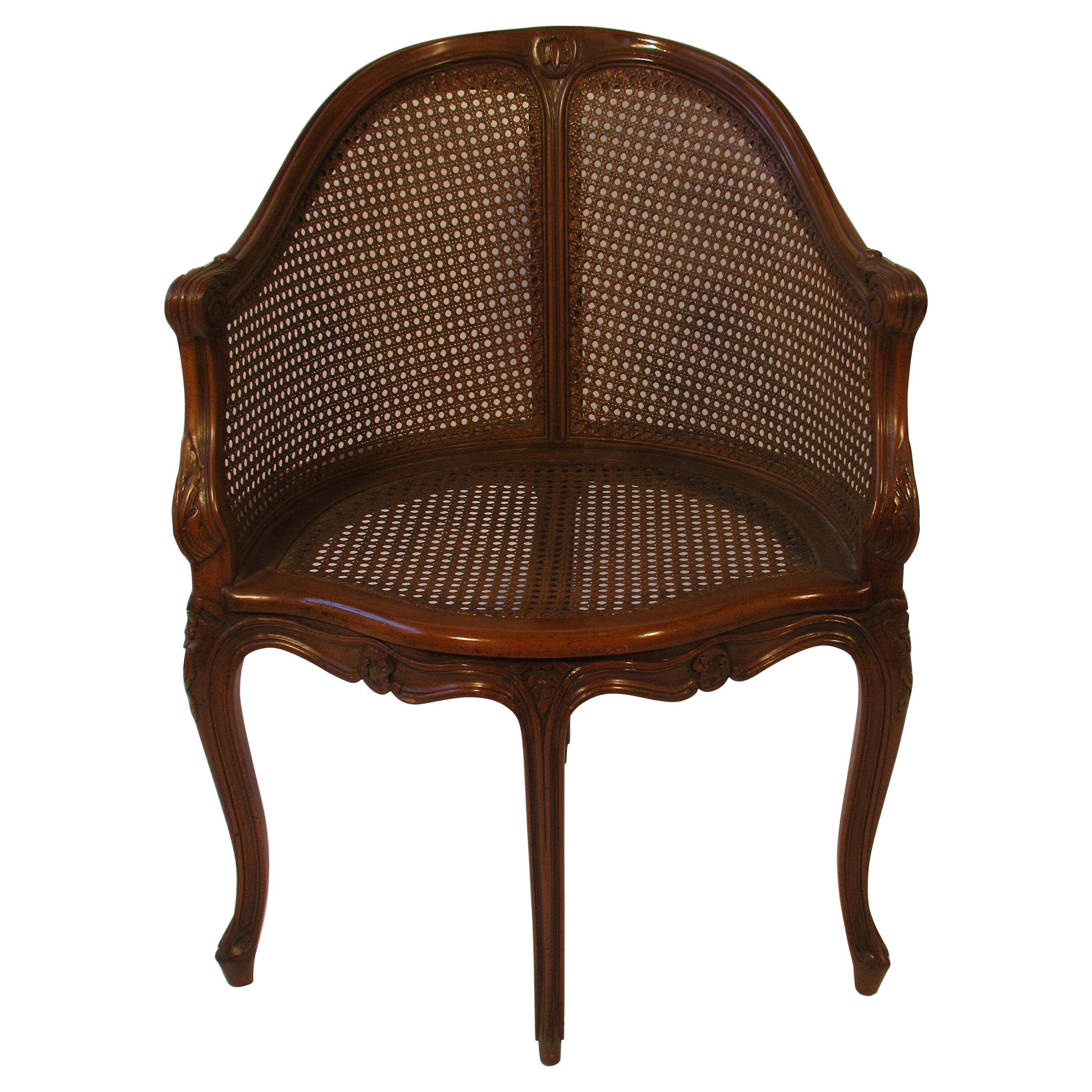 1950s Carved French Style Caned Back Corner Chair