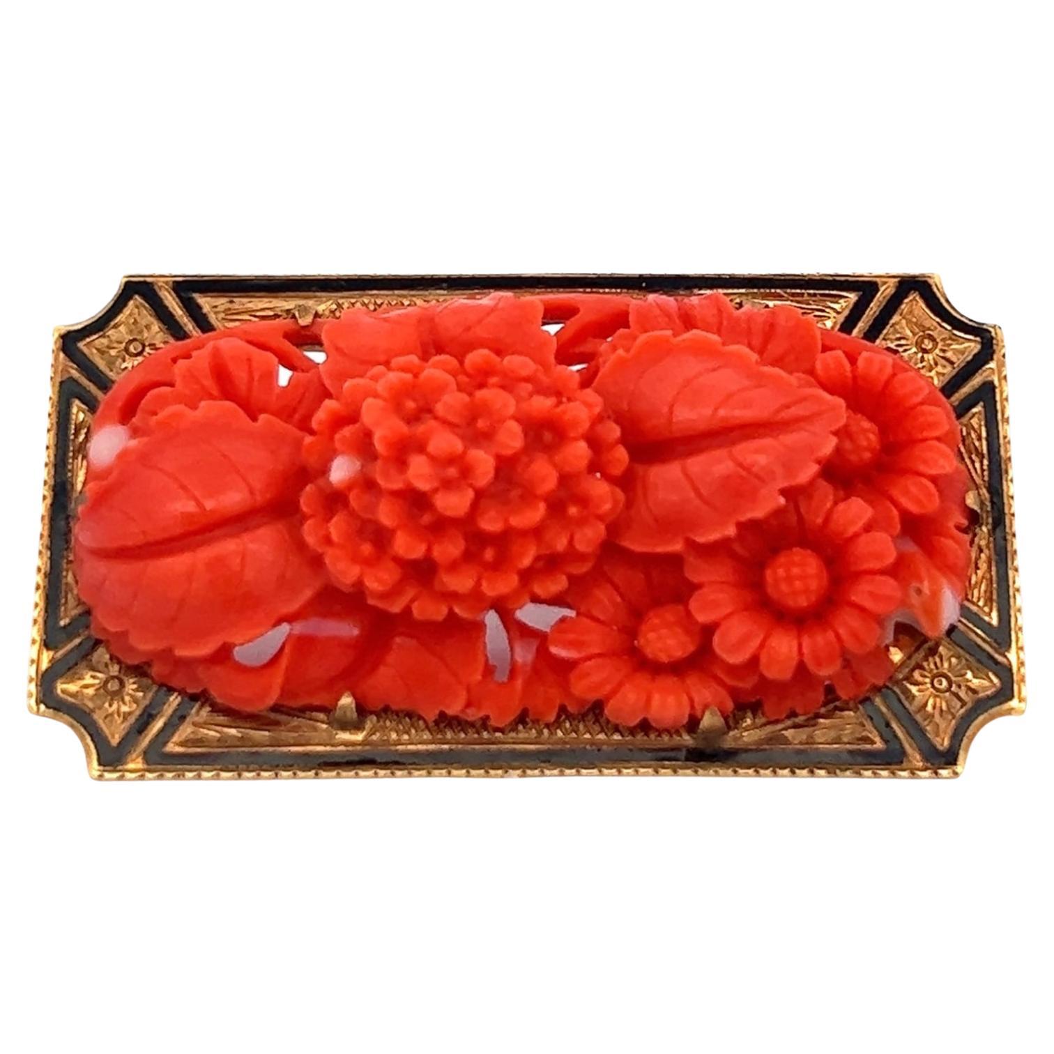 1950s Carved Coral Enamel 18 Karat Yellow Gold Vintage Estate Brooch Pin 