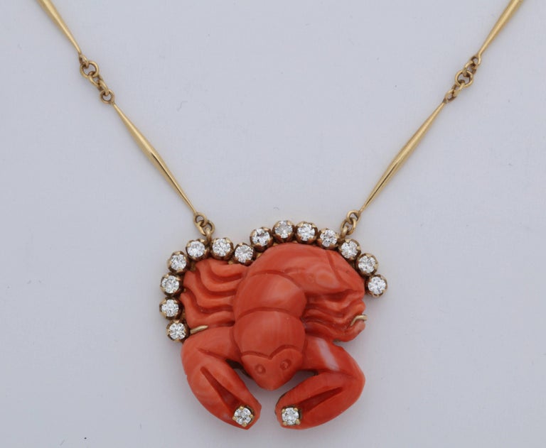 1950s Carved Coral Whimsical Lobster with Diamonds Pendant Gold Link