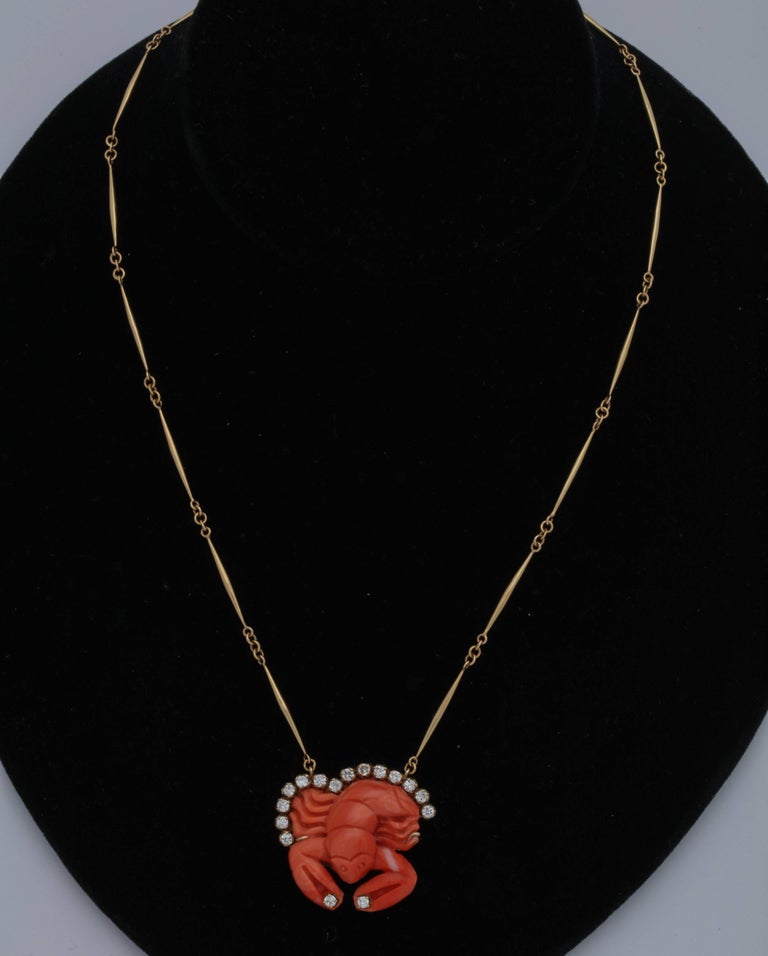 1950s Carved Coral Whimsical Lobster with Diamonds Pendant Gold Link