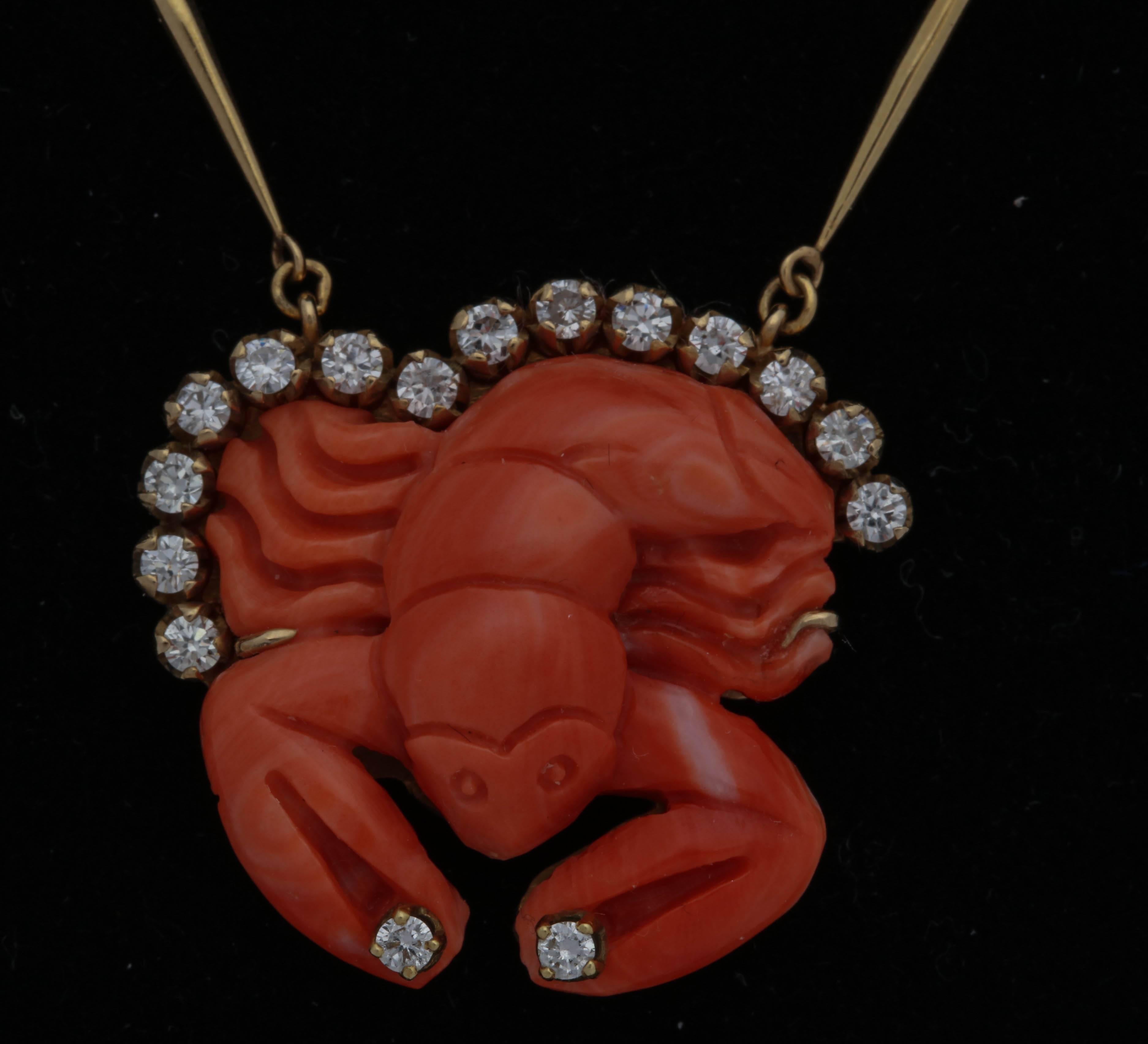 1950s Carved Coral Whimsical Lobster with Diamonds Pendant Gold Link Necklace In Good Condition In New York, NY