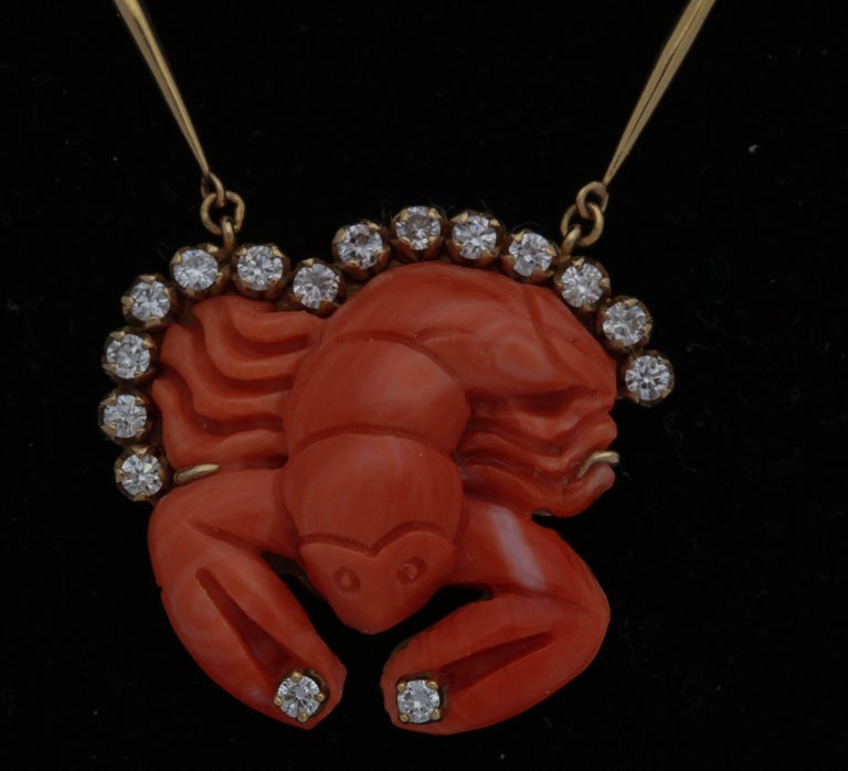 1950s Carved Coral Whimsical Lobster with Diamonds Pendant Gold Link