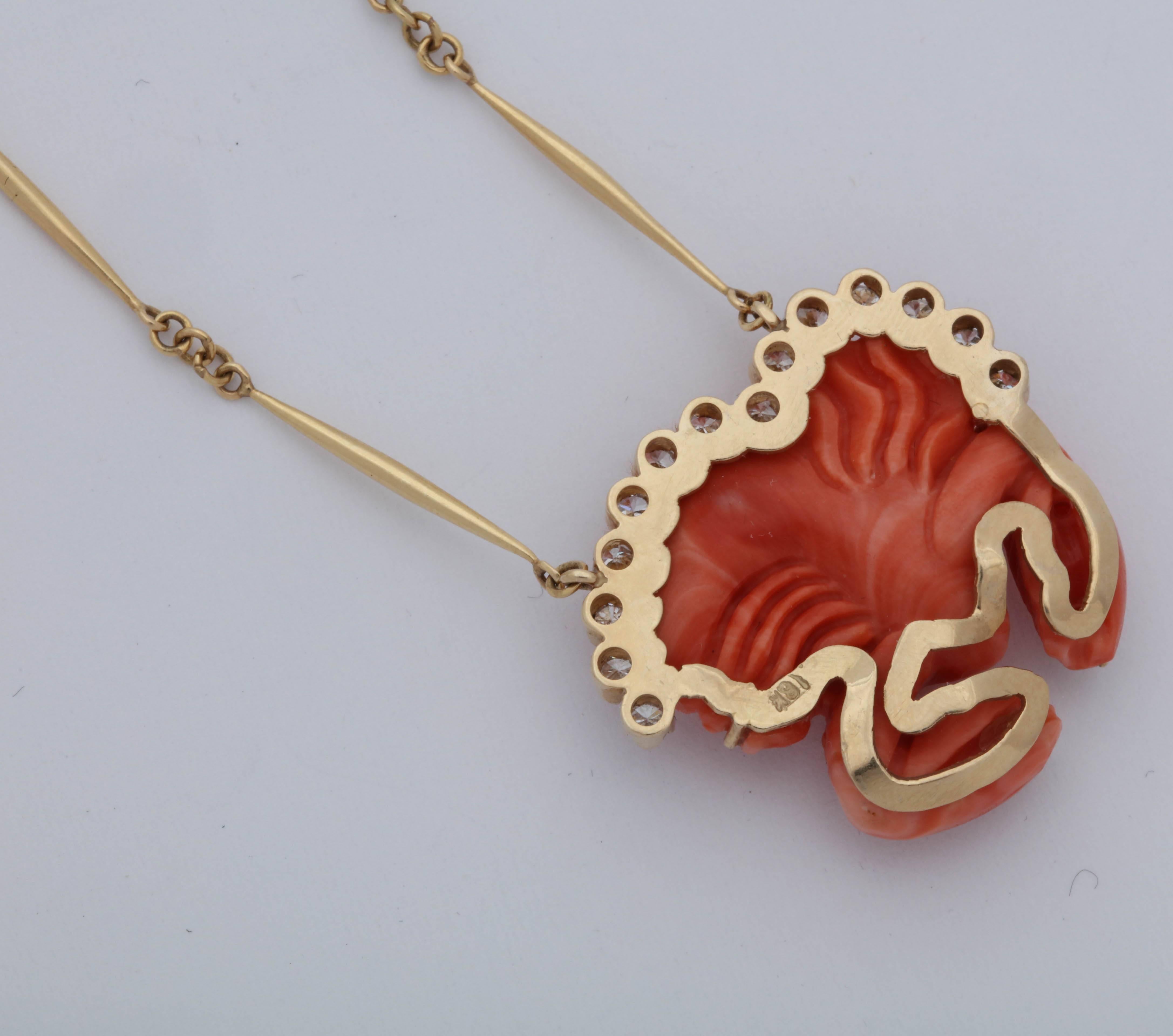 1950s Carved Coral Whimsical Lobster with Diamonds Pendant Gold Link Necklace 1