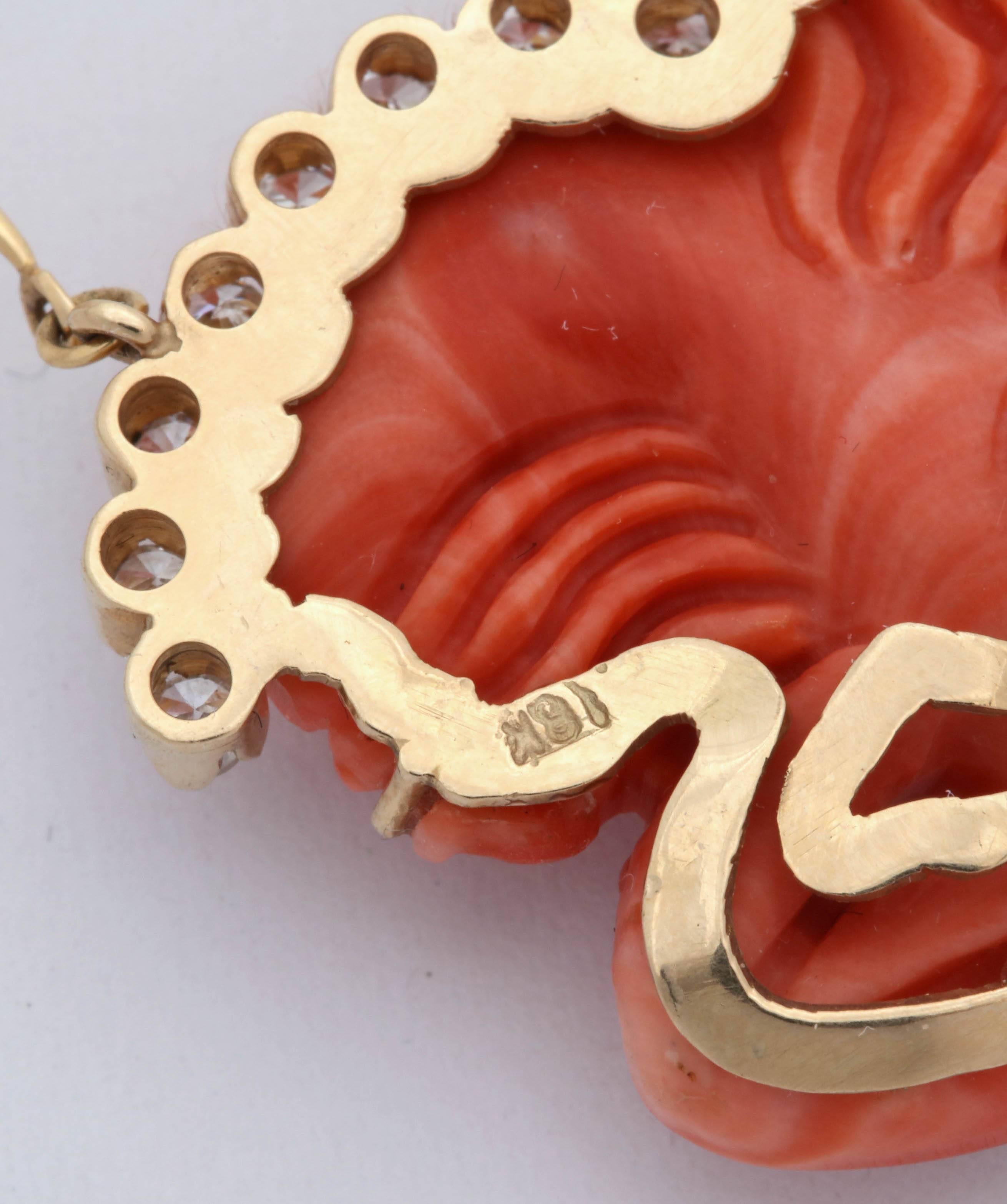 1950s Carved Coral Whimsical Lobster with Diamonds Pendant Gold Link Necklace 2