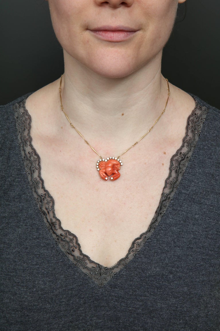 1950s Carved Coral Whimsical Lobster with Diamonds Pendant Gold Link