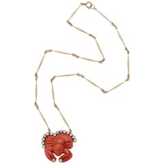 1950s Carved Coral Whimsical Lobster with Diamonds Pendant Gold Link Necklace