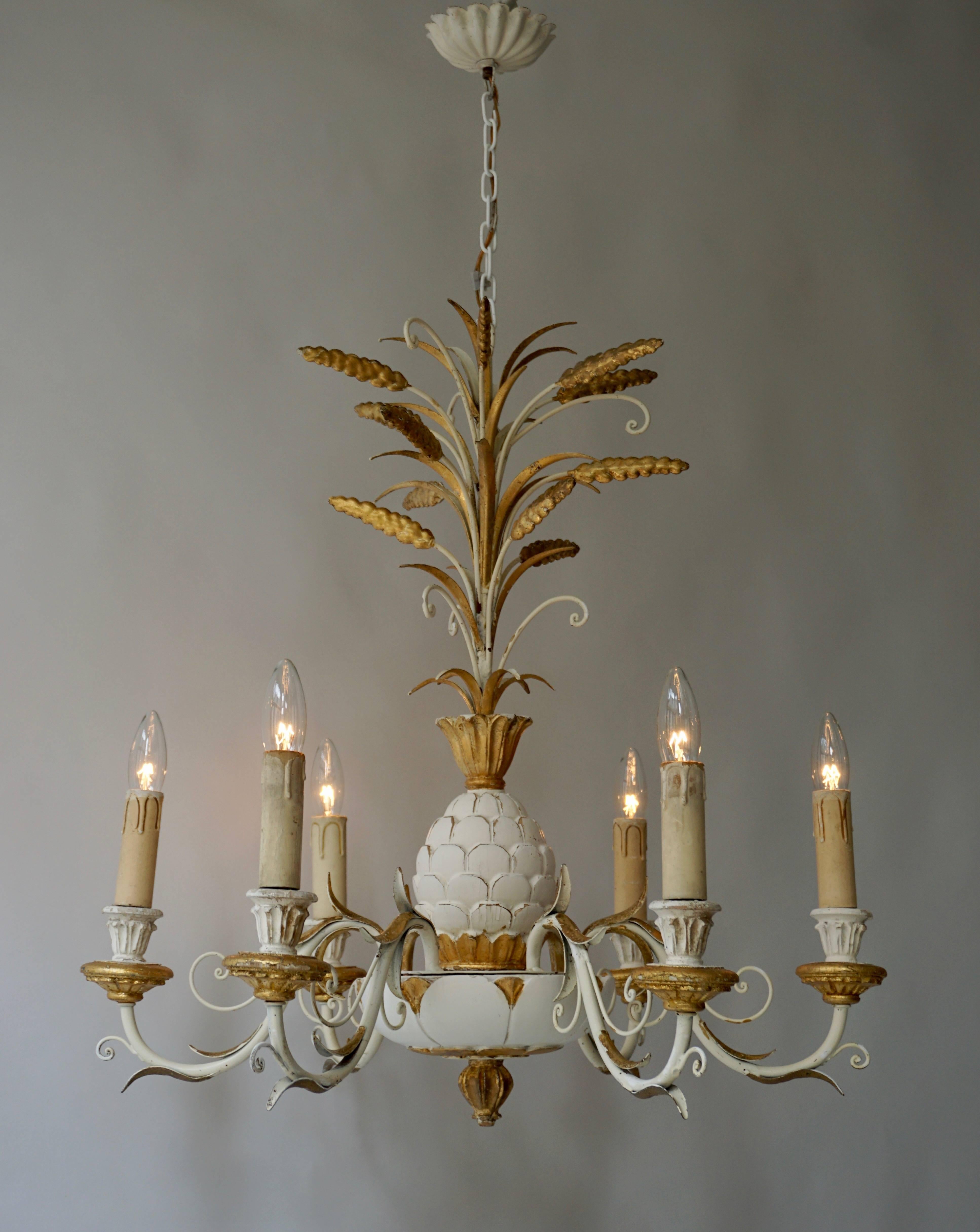 French 1950s Carved Giltwood Italian Gold and White Pineapple Chandelier