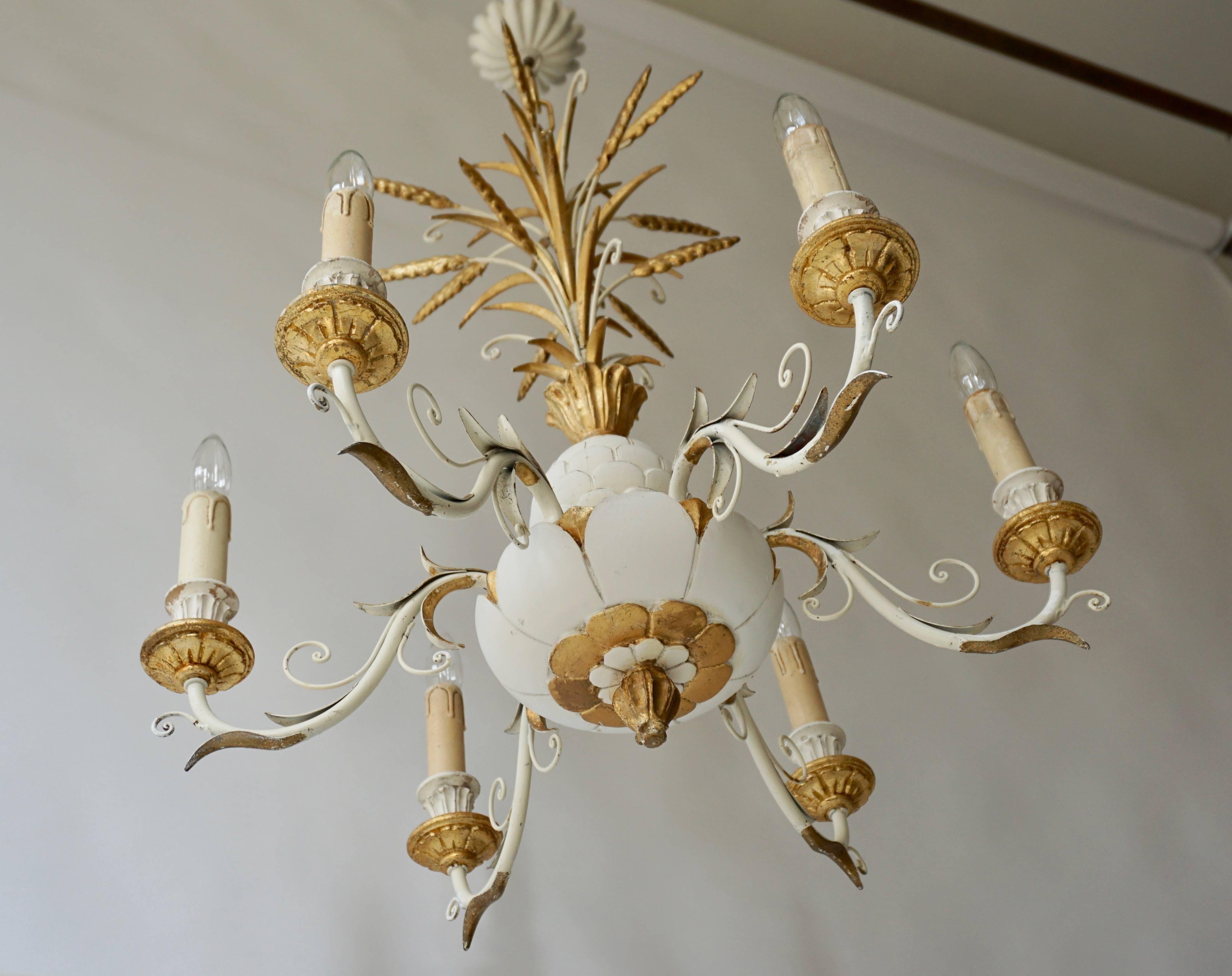 Wood 1950s Carved Giltwood Italian Gold and White Pineapple Chandelier