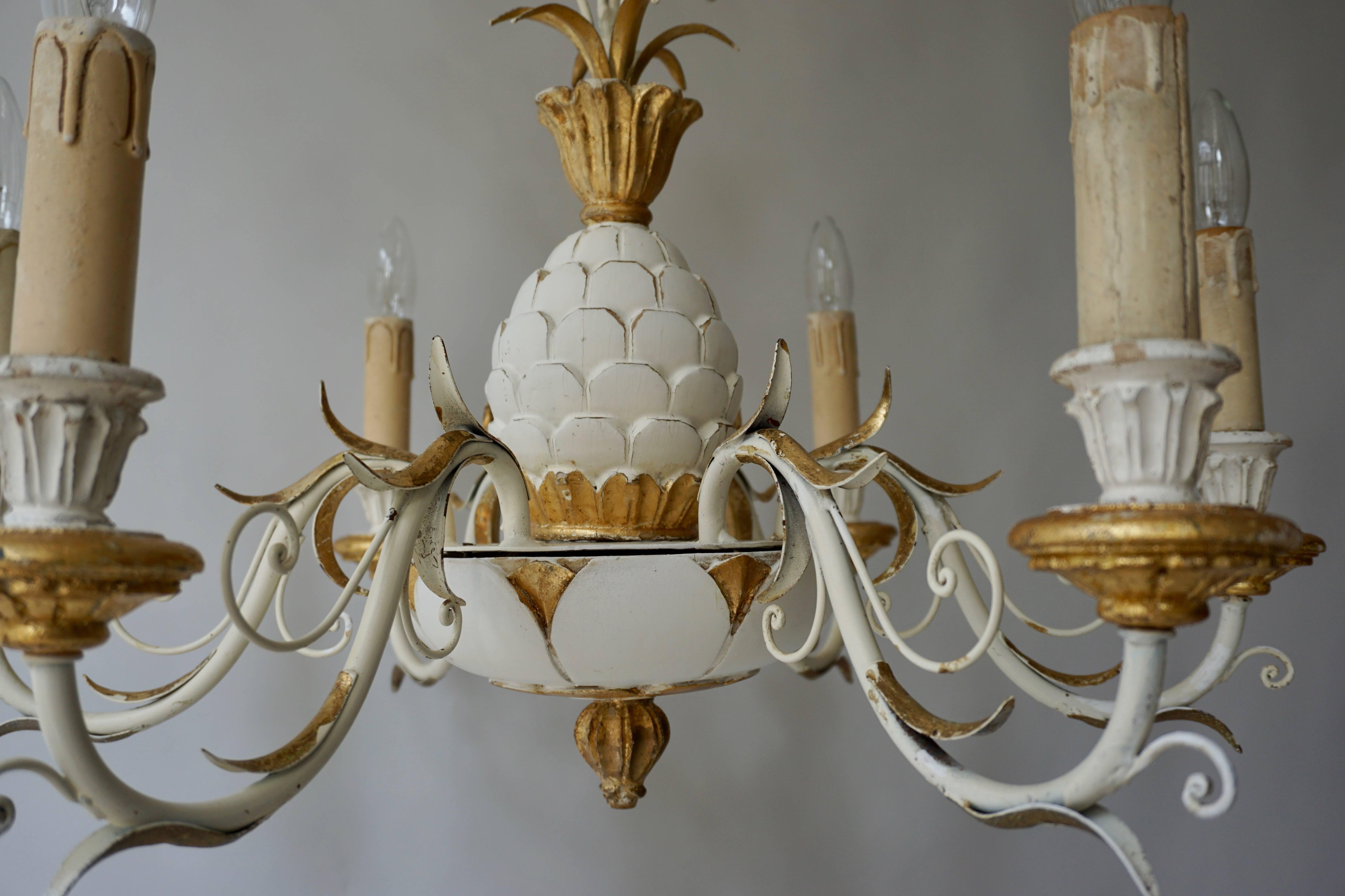 1950s Carved Giltwood Italian Gold and White Pineapple Chandelier 1