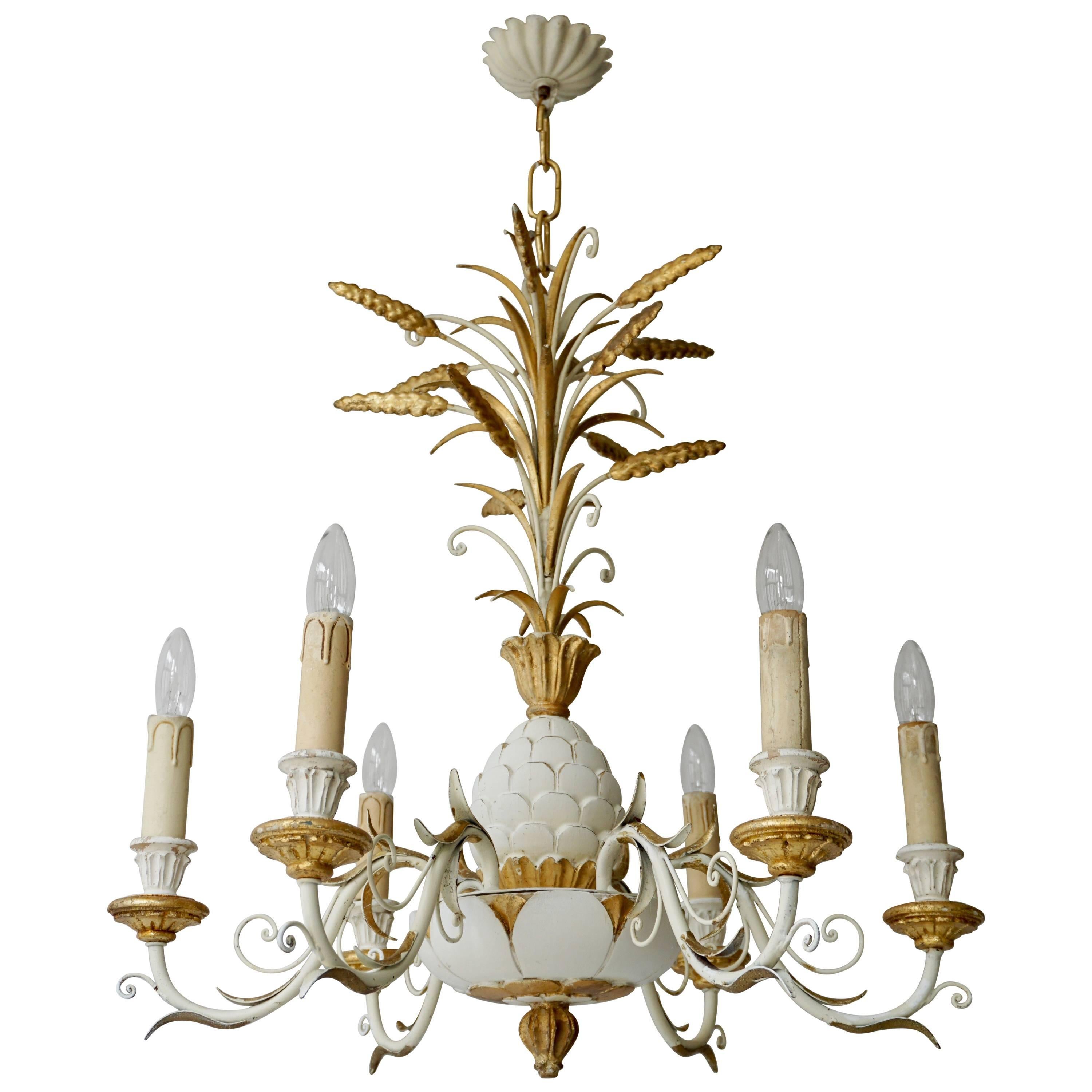 1950s Carved Giltwood Italian Gold and White Pineapple Chandelier