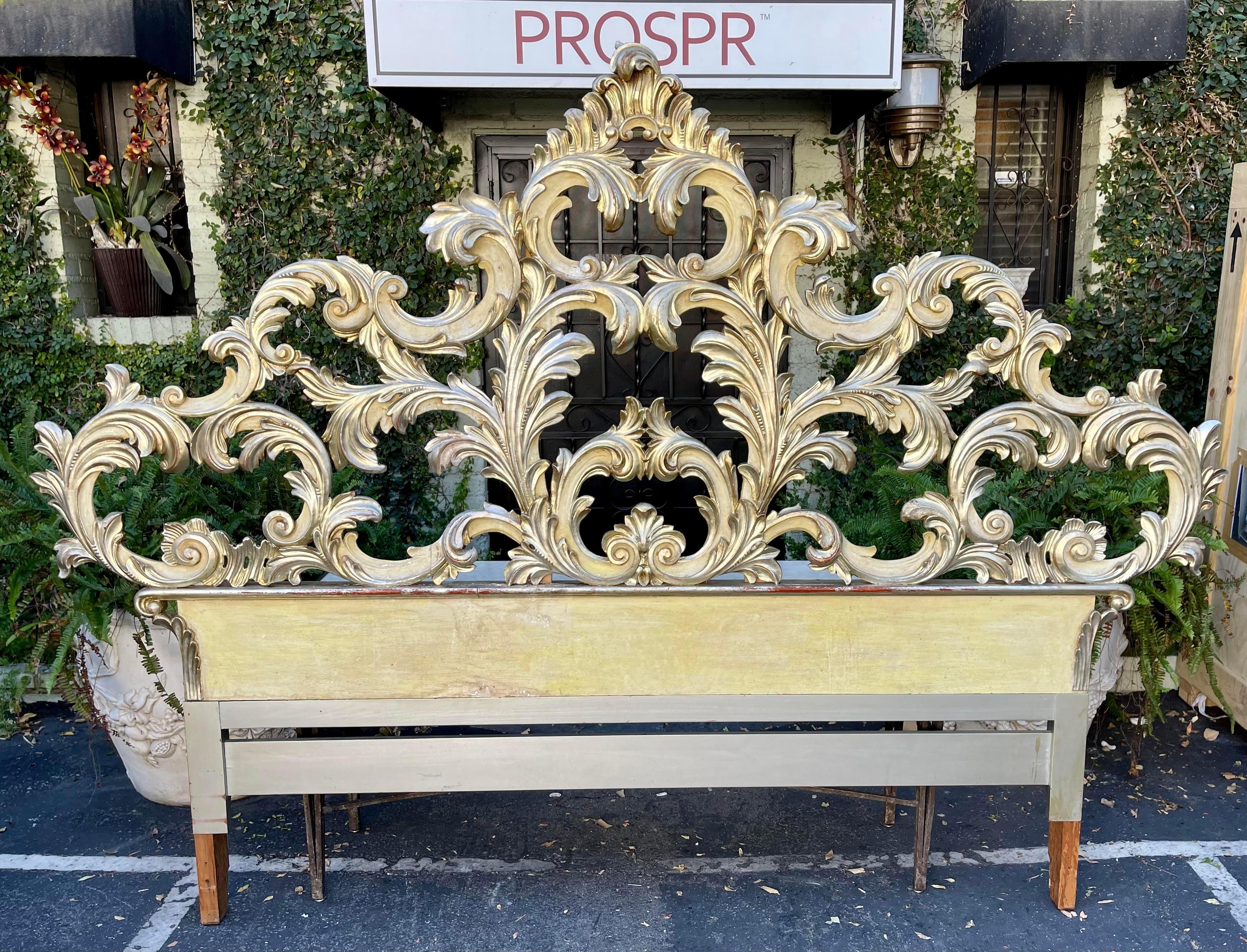 1950's Carved Italian Rococo King Size Headboard in Silver Giltwood & Antique White 