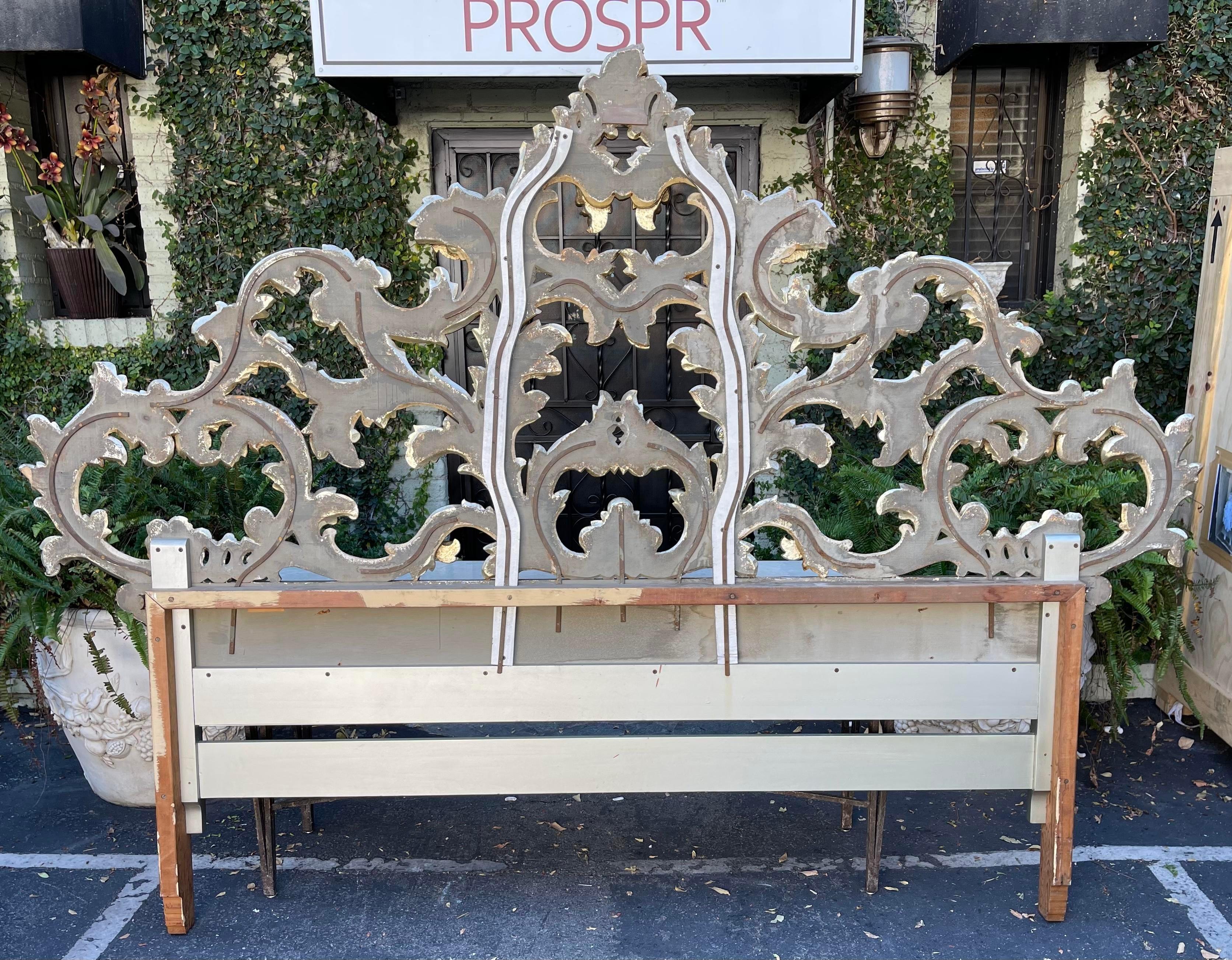 1950's Carved Italian Rococo Headboard in Silver Giltwood & Antique White  In Good Condition In LOS ANGELES, CA
