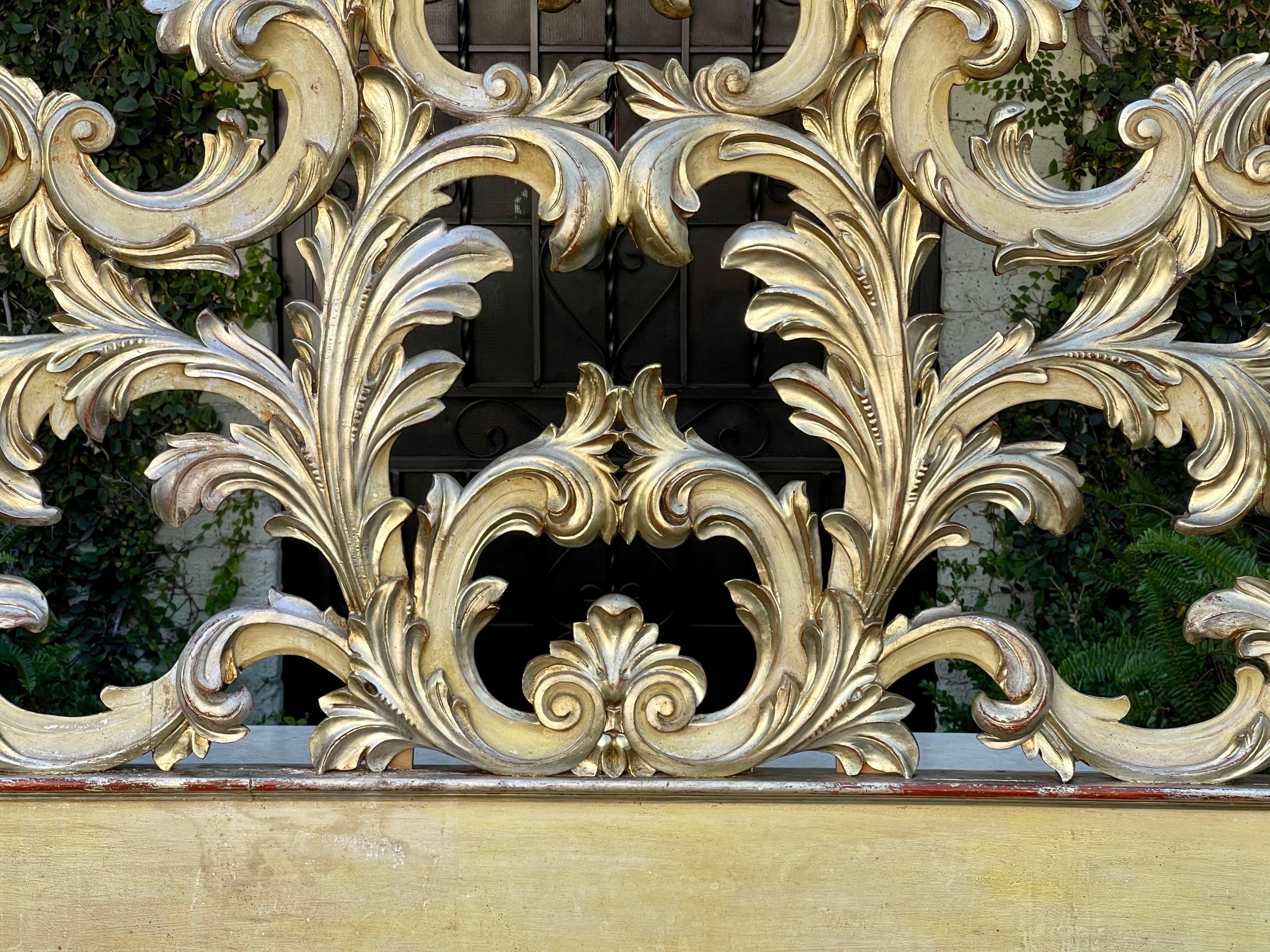 1950's Carved Italian Rococo Headboard in Silver Giltwood & Antique White  1