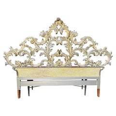 1950's Carved Italian Rococo Headboard in Silver Giltwood & Antique White 