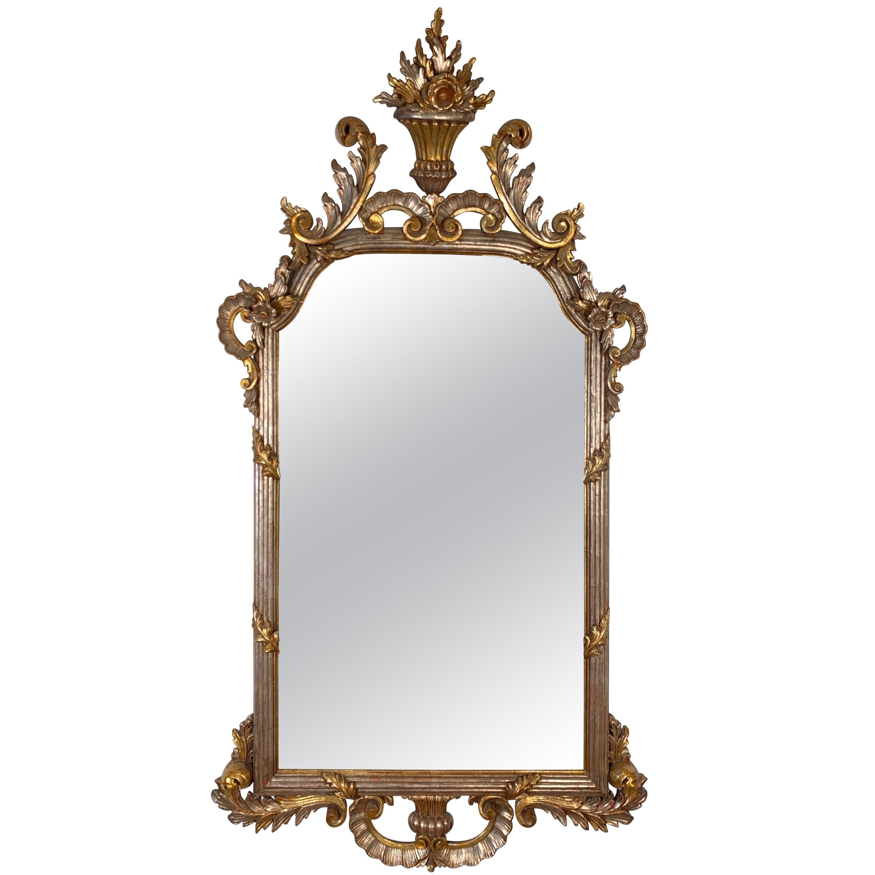 1950s Carved Louis XV Style Silver and Gold Gilt Italian Decorative Mirror