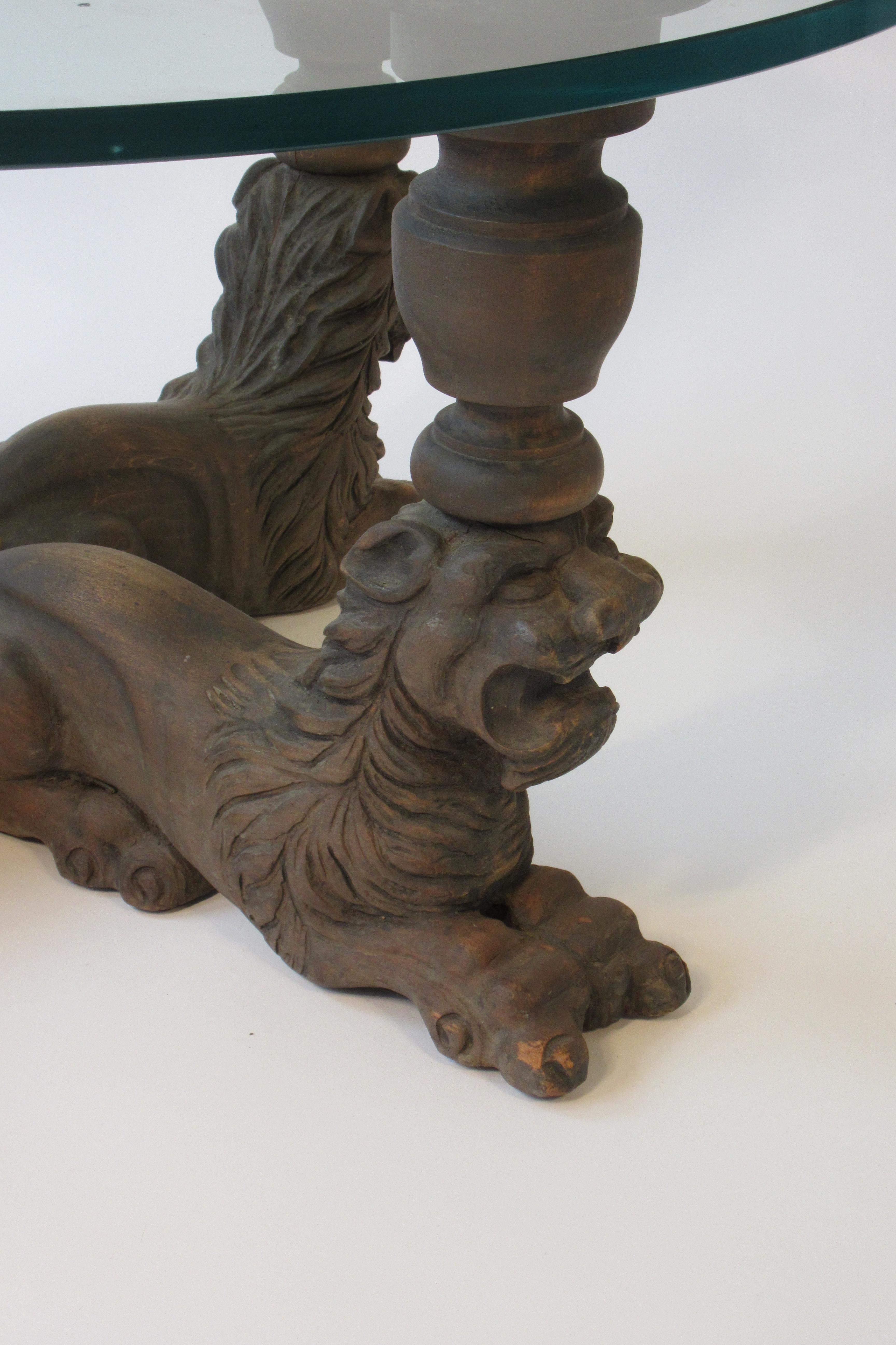 Mid-20th Century 1950s Carved Wood and Glass Lion Coffee Table