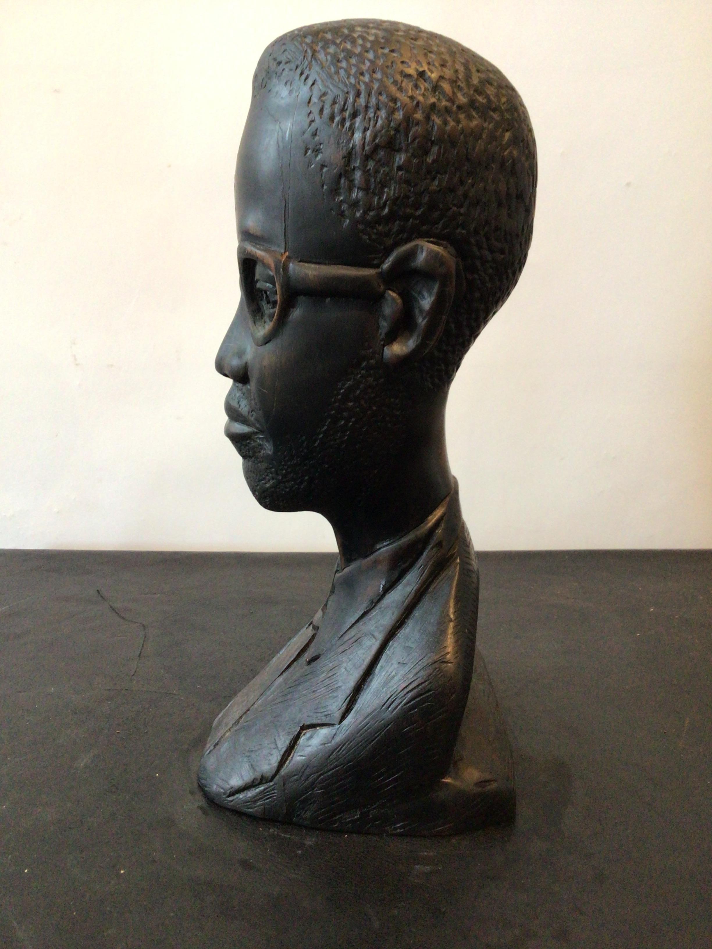 Mid-20th Century 1950s Carved Wood Bust of Man in Glasses and Suit For Sale