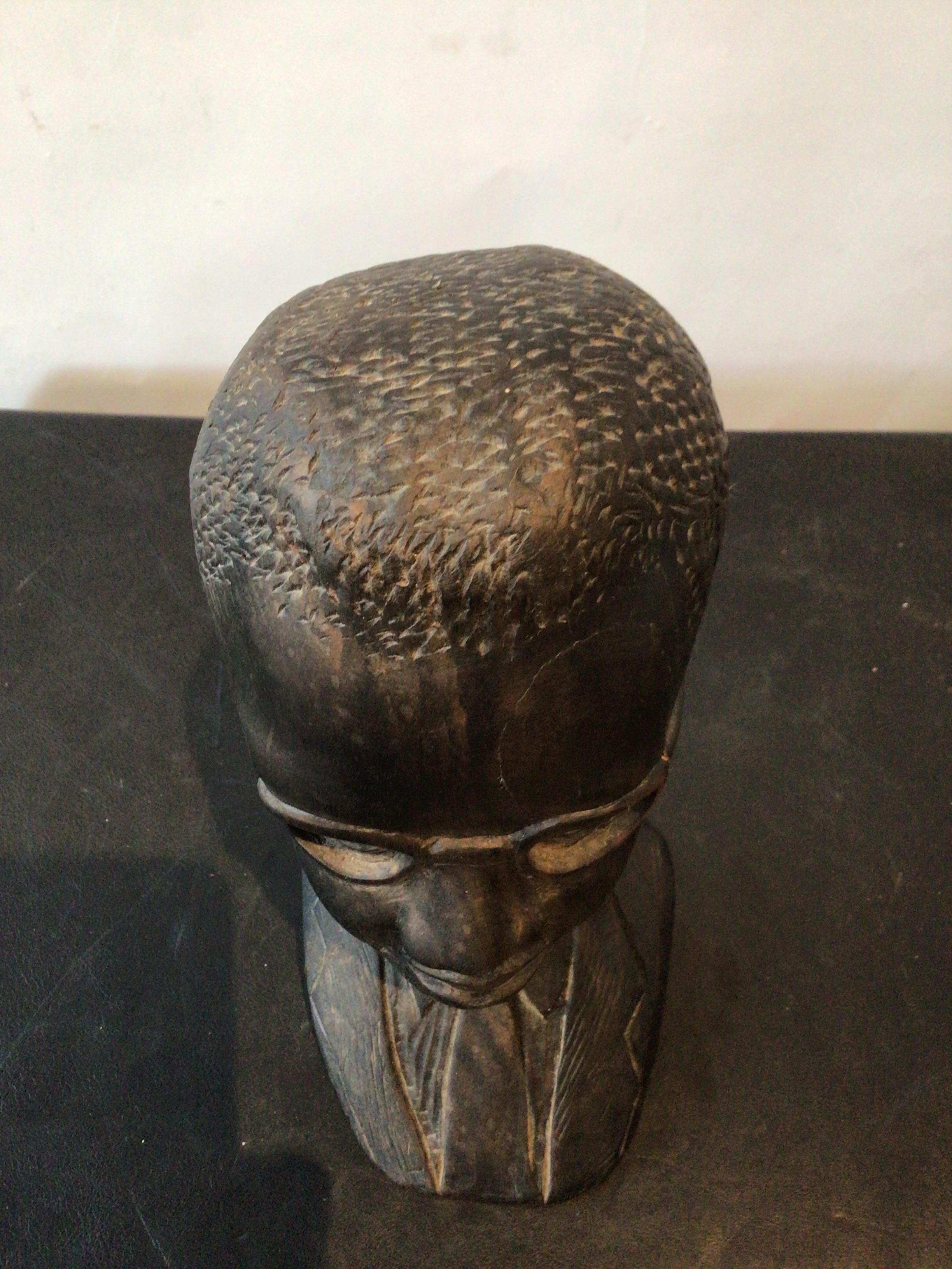1950s Carved Wood Bust of Man in Glasses and Suit For Sale 3