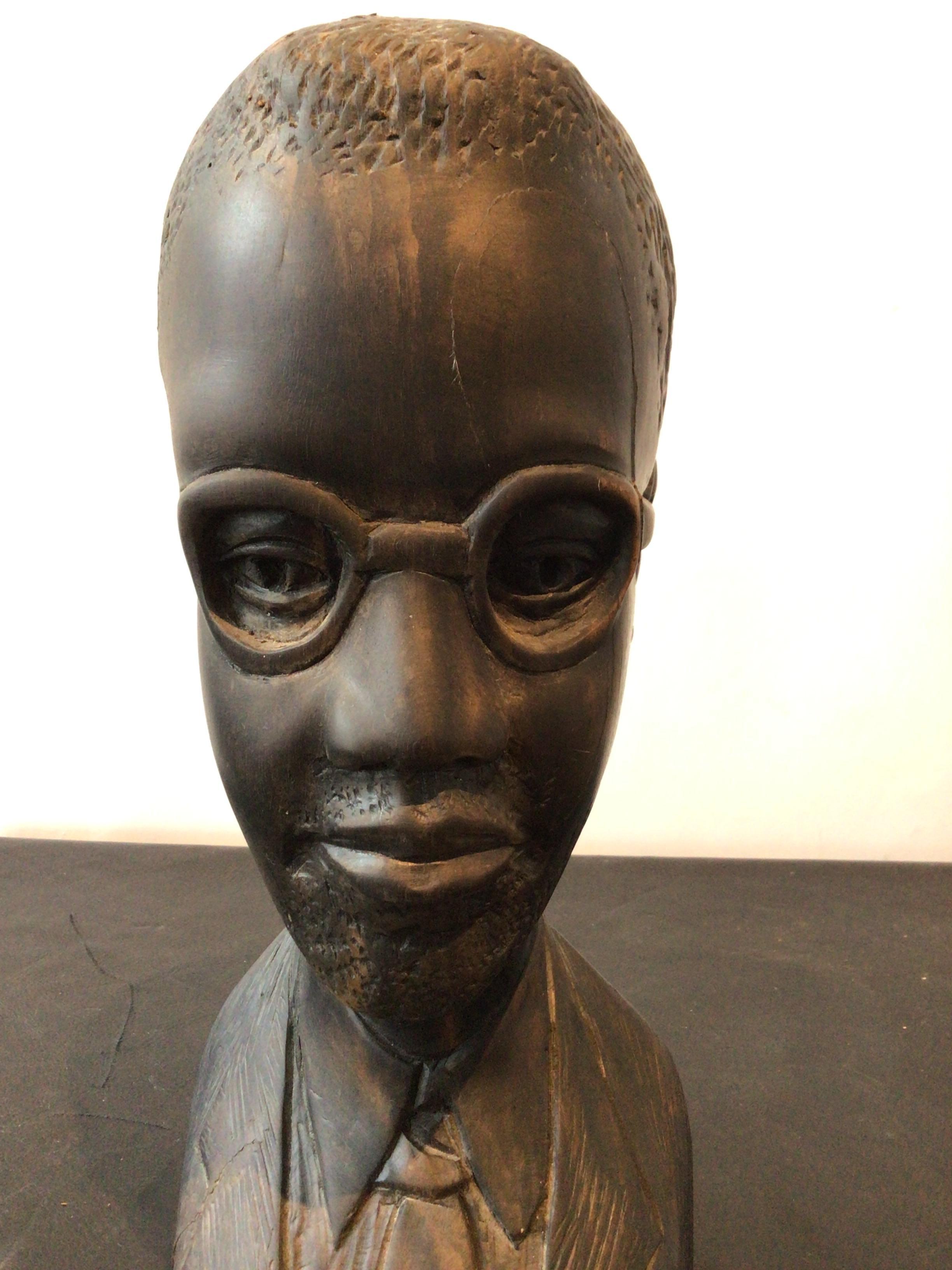 1950s Carved Wood Bust of Man in Glasses and Suit For Sale 4