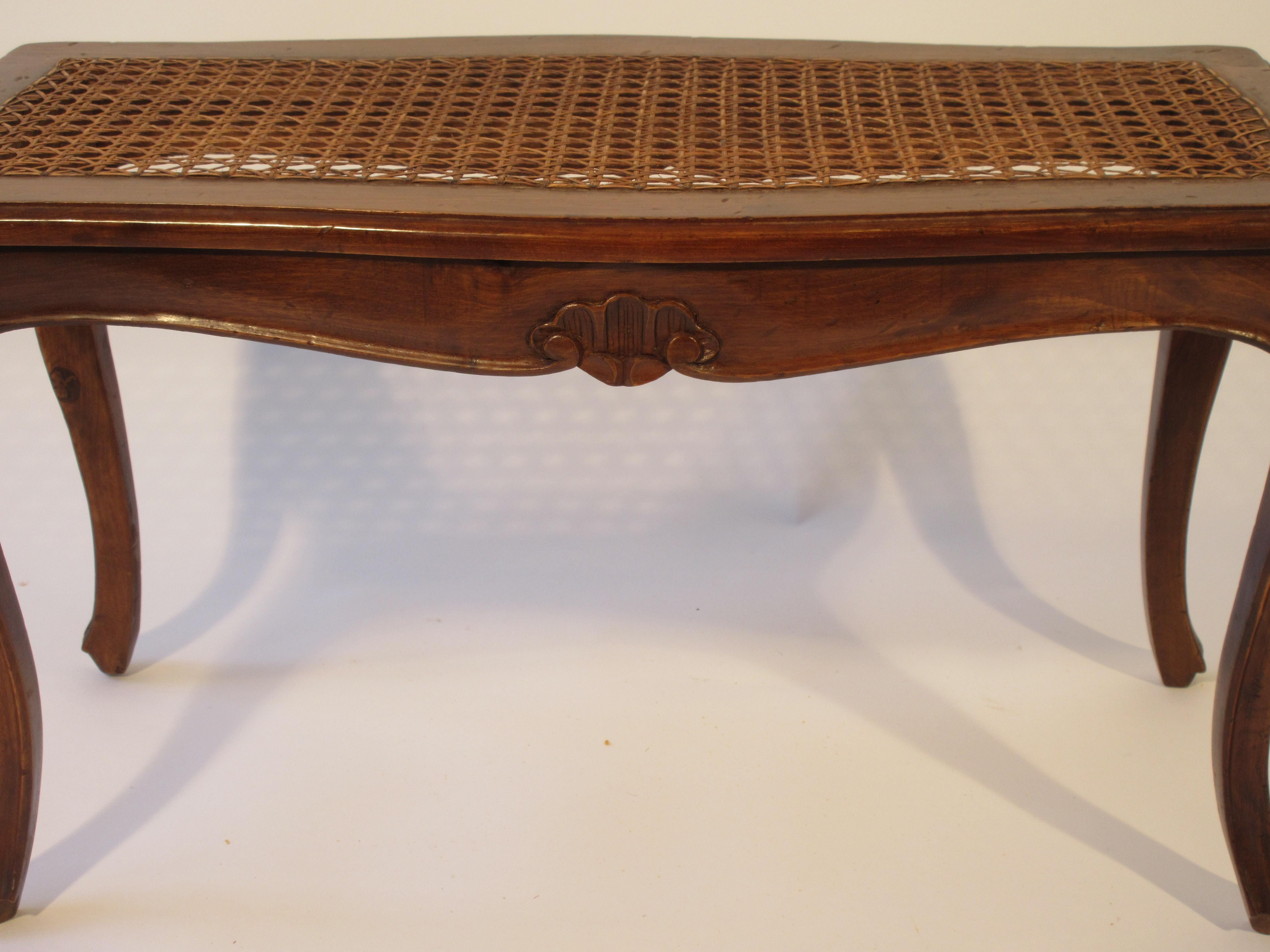 Hand-Carved 1950s Carved Wood Caned Seated Bench