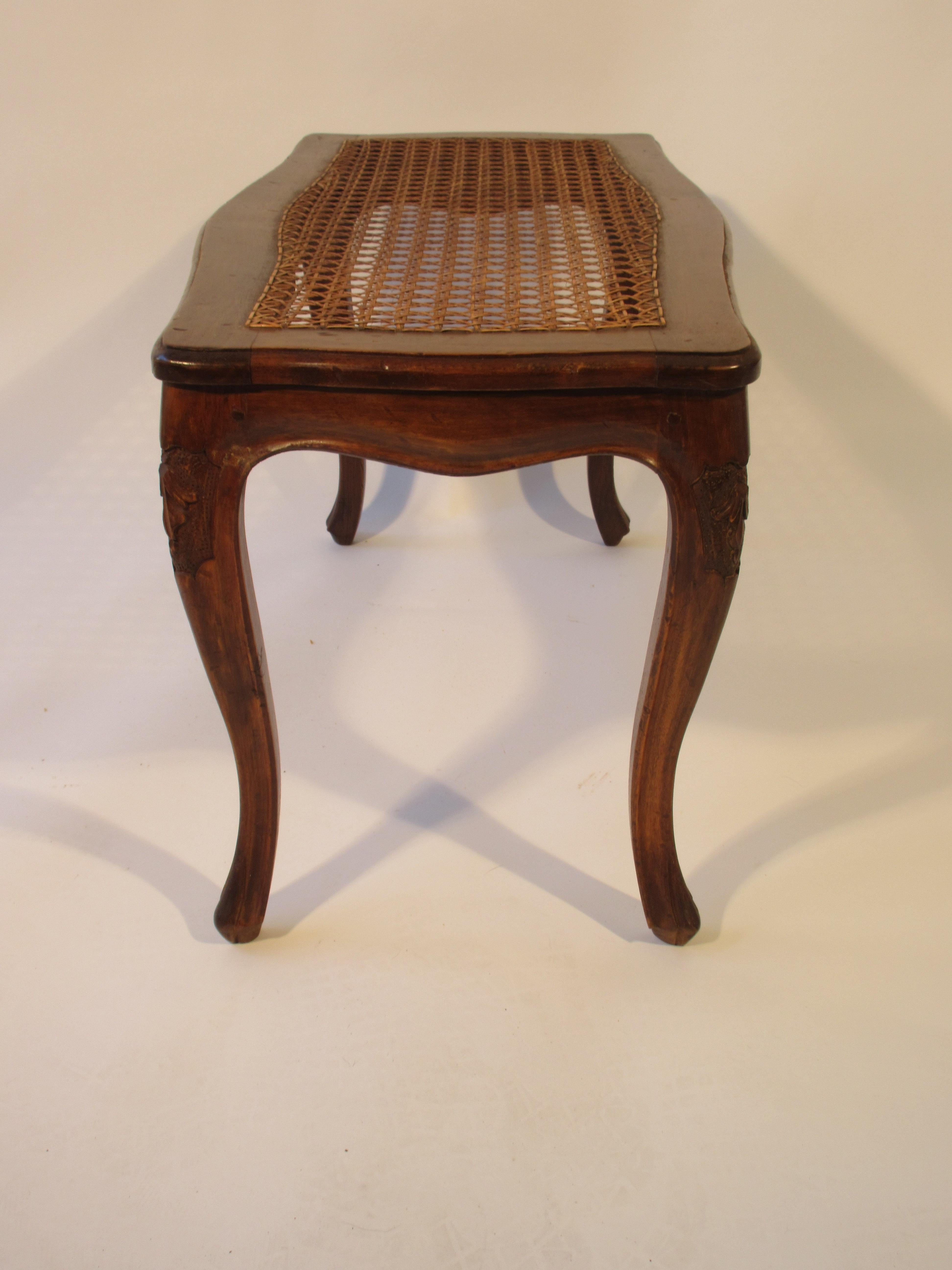 1950s Carved Wood Caned Seated Bench 1
