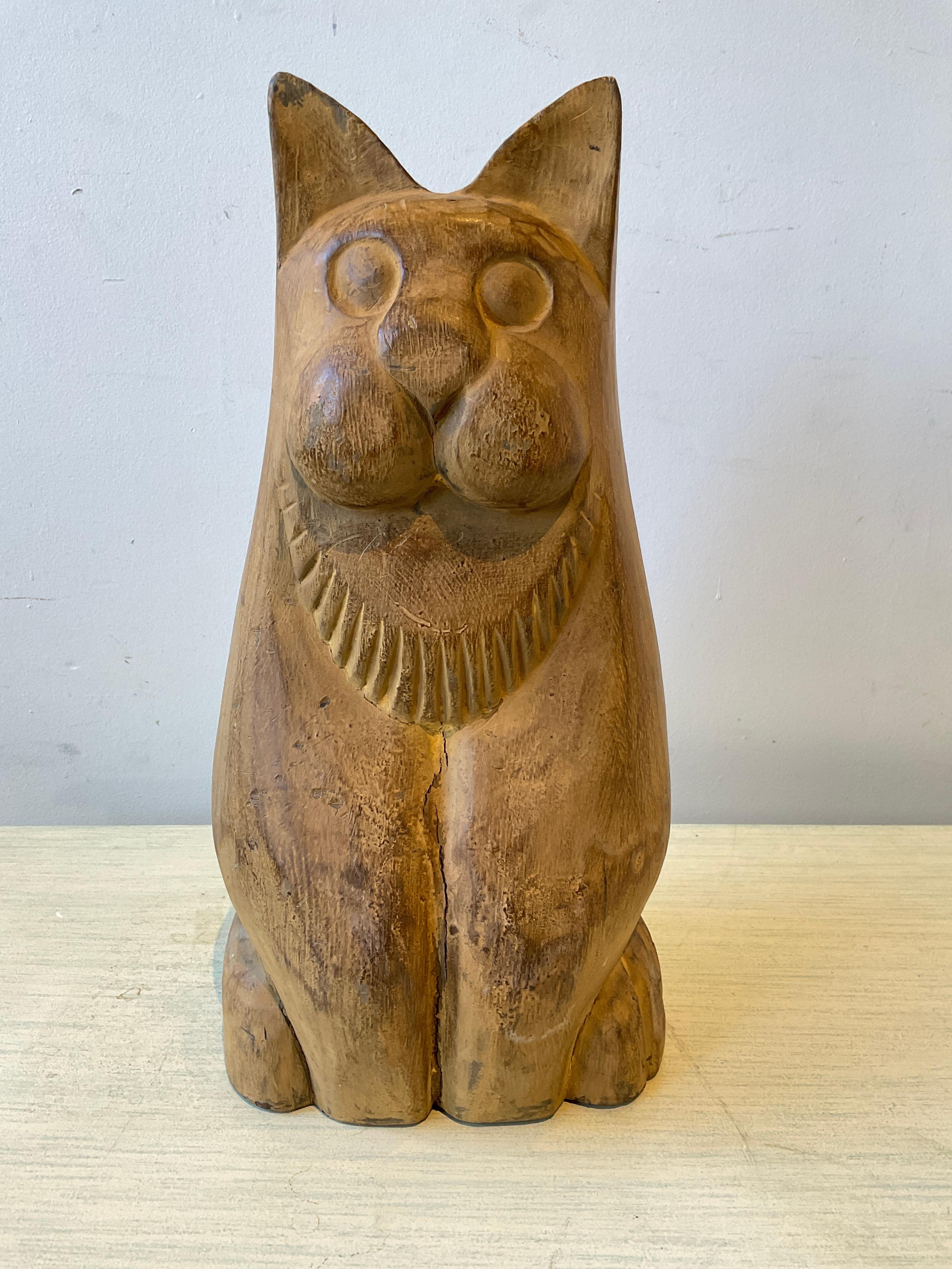 1950s Carved Wood Cat Sculpture  For Sale 1