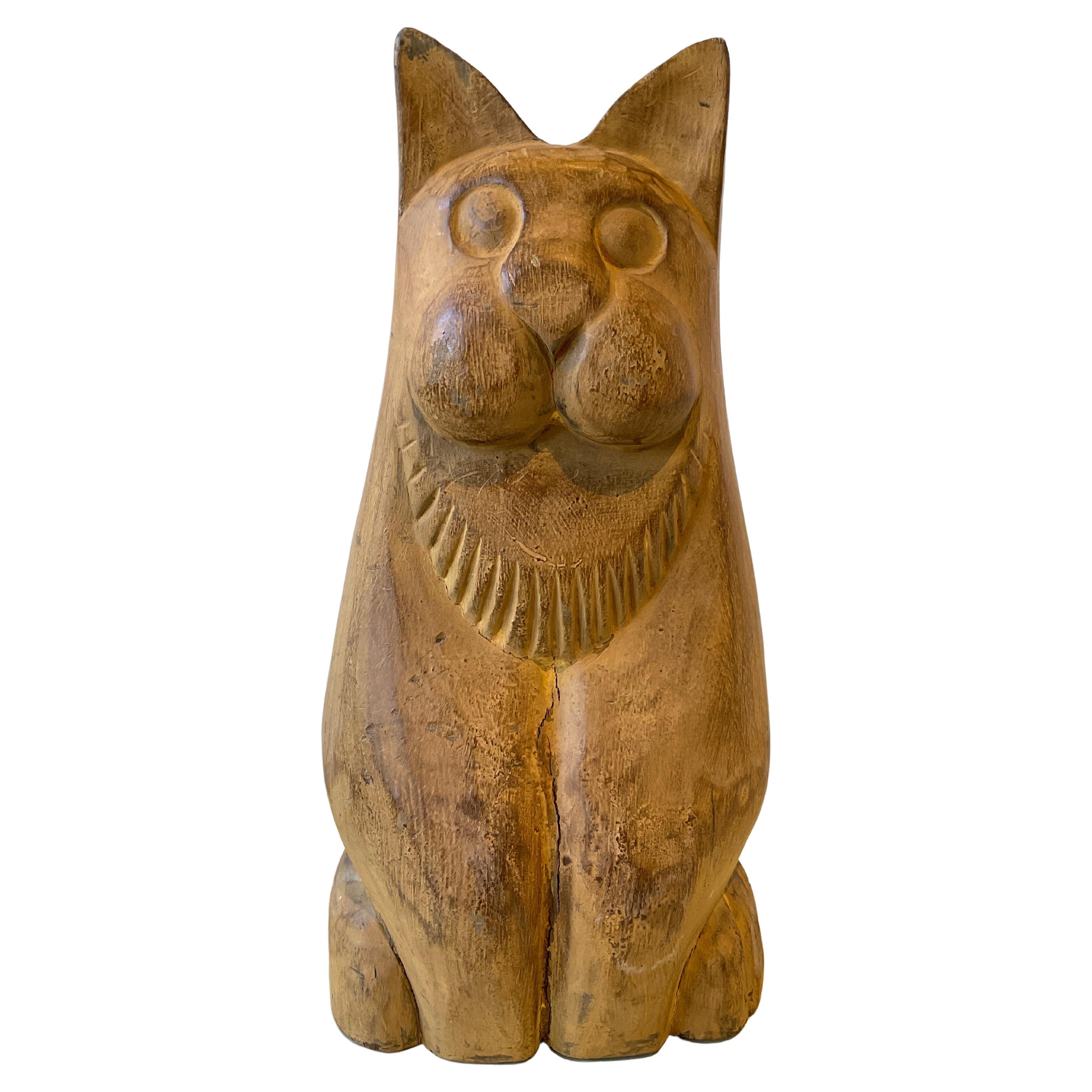 1950s Carved Wood Cat Sculpture  For Sale